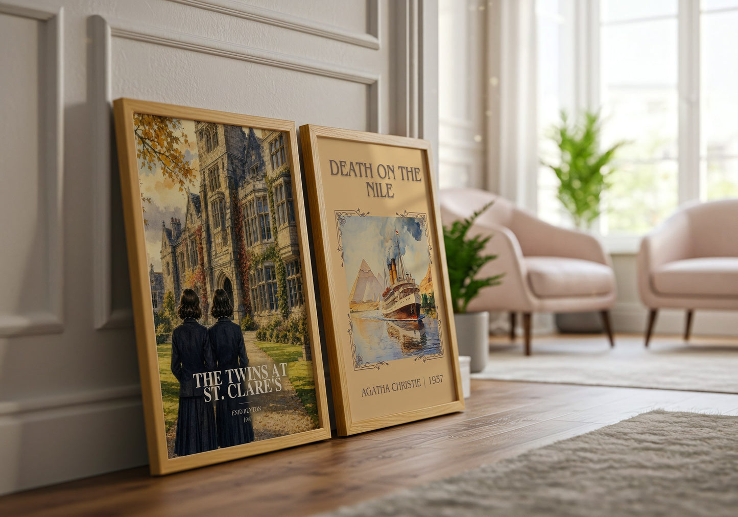 The Twins At St. Clare'S watercolour print framed by window – literary home decor