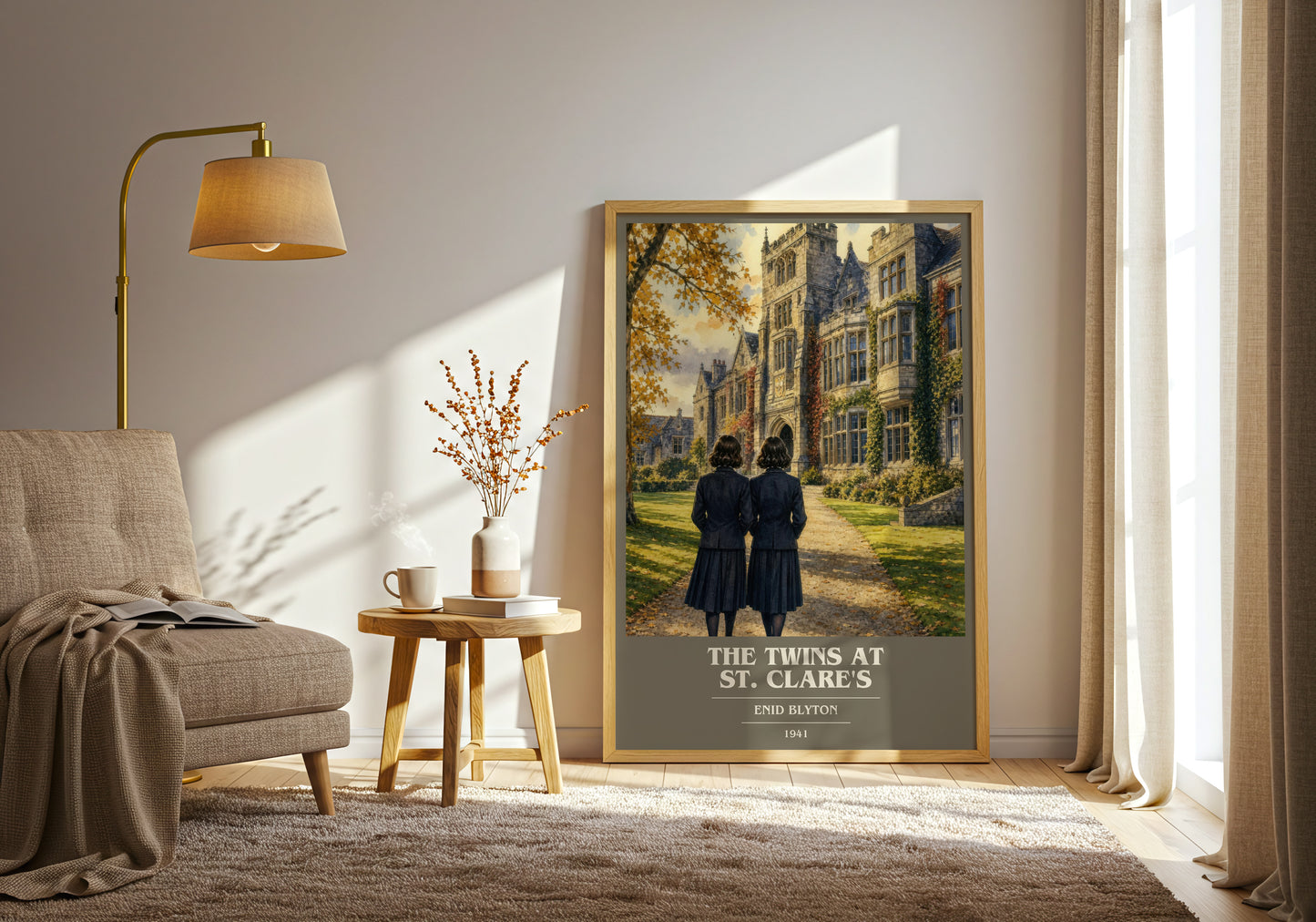 The Twins At St. Clare'S book cover print on bookshelf – Enid Blyton fan gift