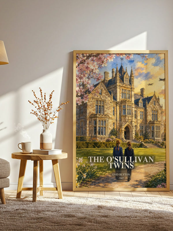 The O'Sullivan Twins watercolour print in frame leaning in hallway – childrens wall art