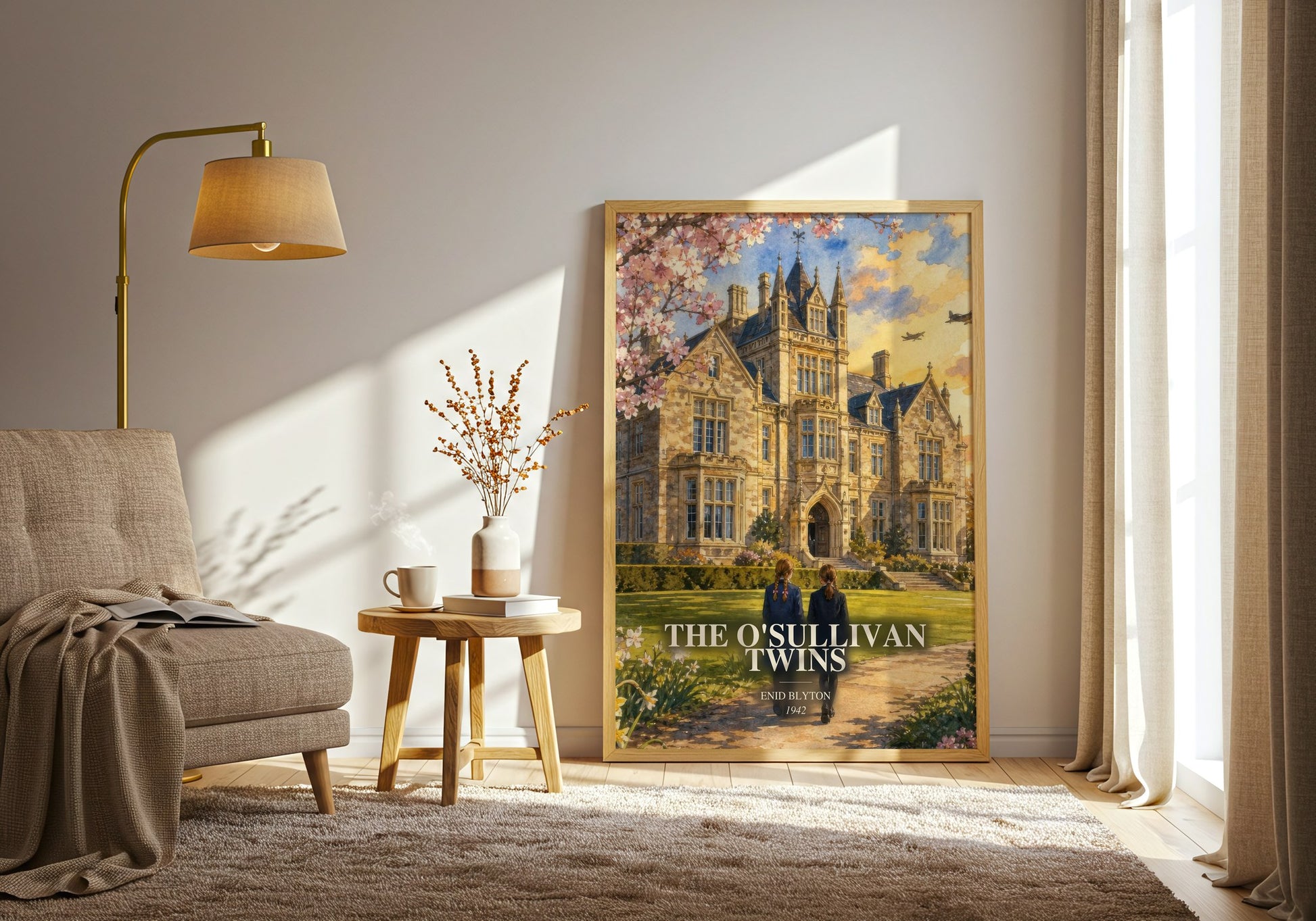 The O'Sullivan Twins watercolour print in frame leaning in hallway – childrens wall art