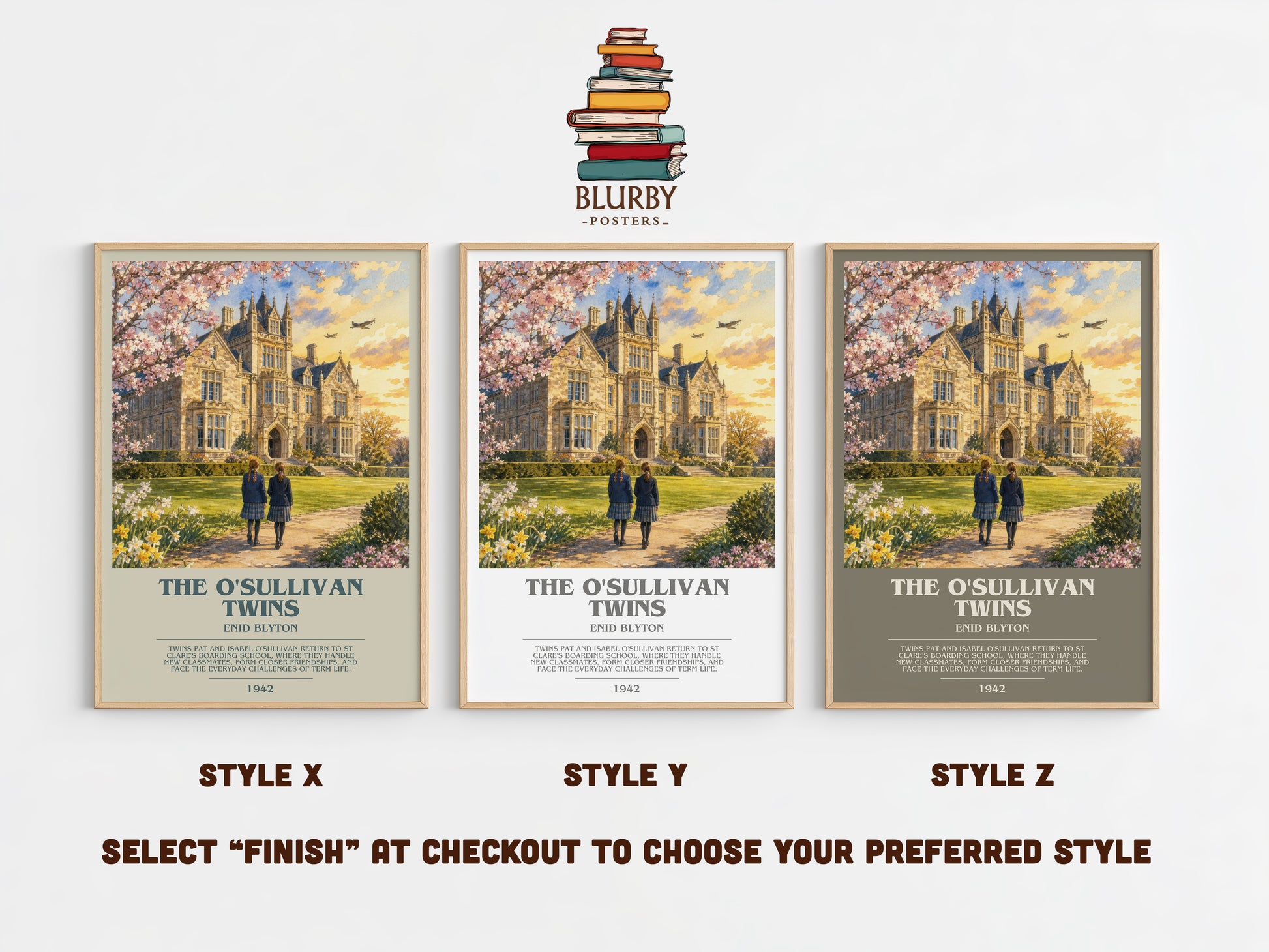The O'Sullivan Twins bookish print in frame leaning in hallway – childrens wall art