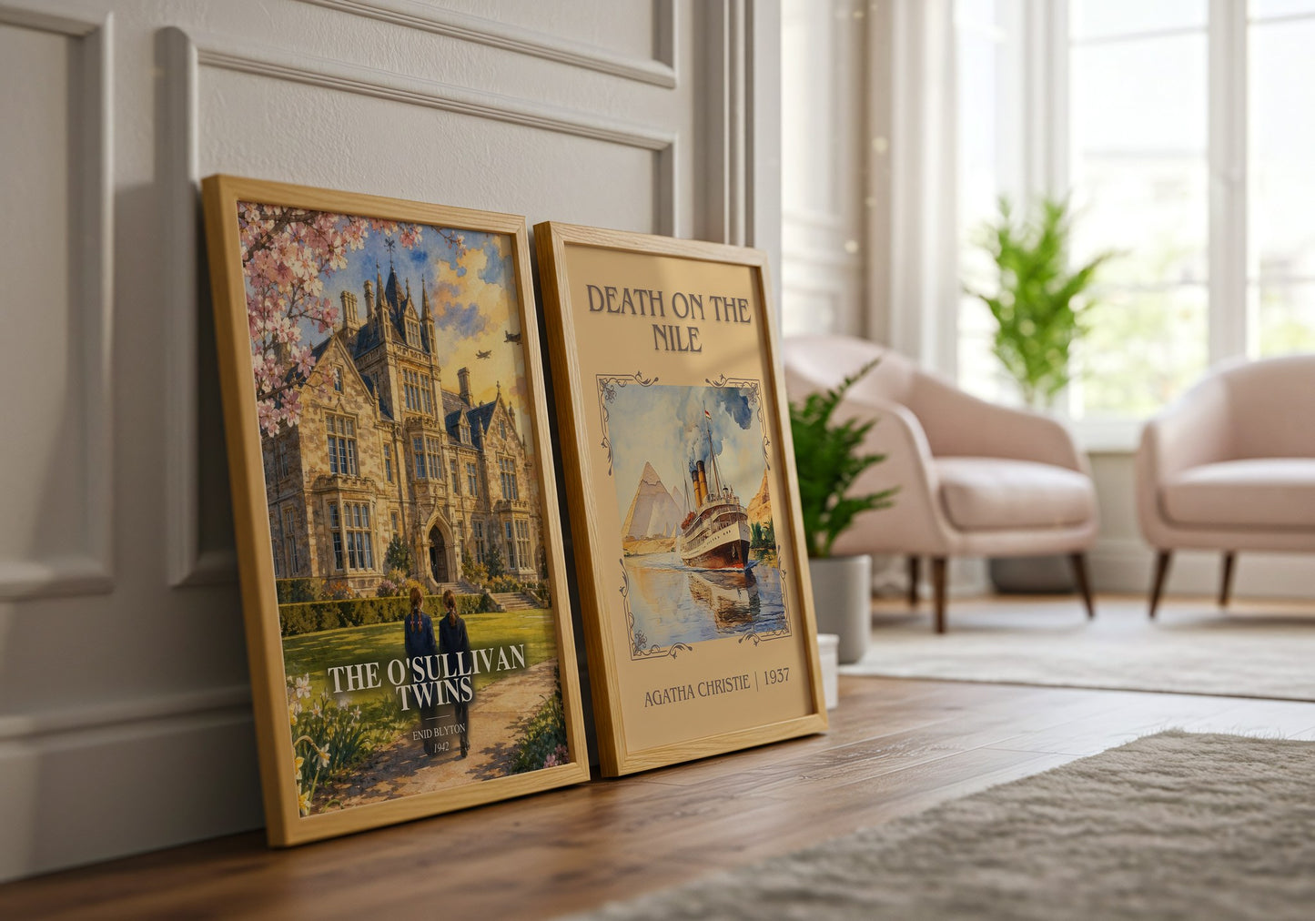 The O'Sullivan Twins watercolour print framed by window – literary home decor