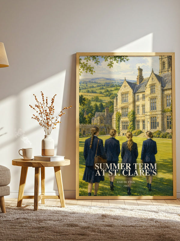 Summer Term At St. Clare'S watercolour print in frame leaning in hallway – childrens wall art