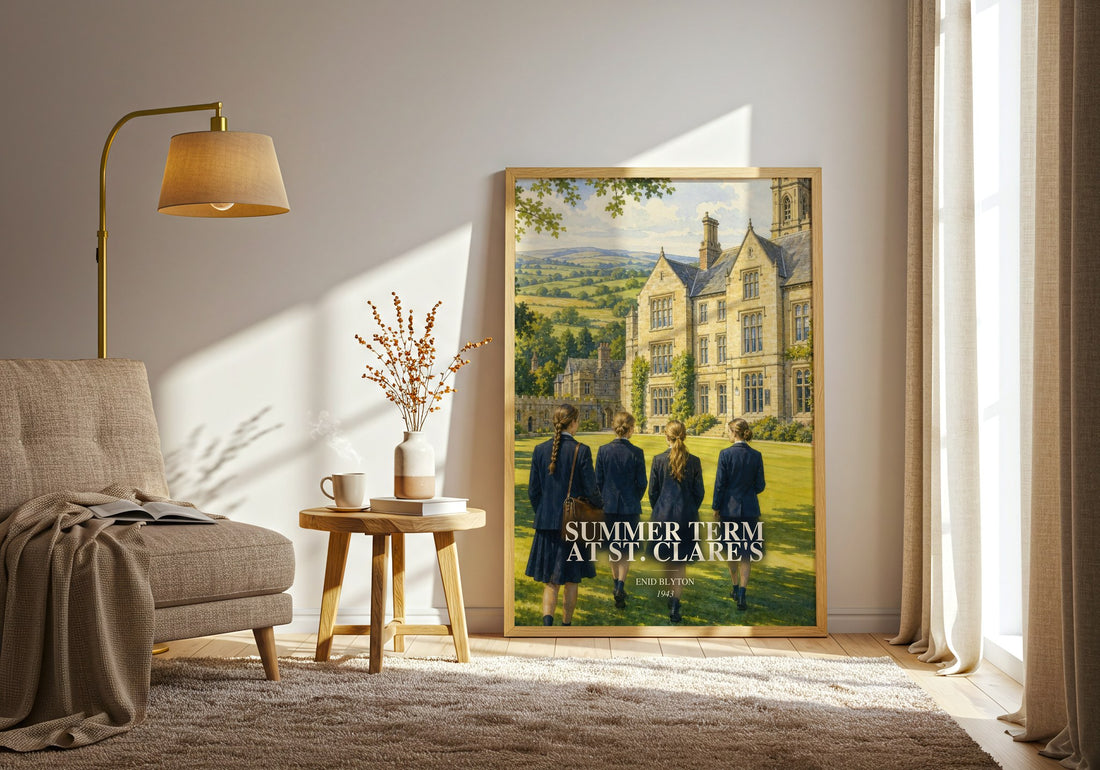 Summer Term At St. Clare'S watercolour print in frame leaning in hallway – childrens wall art (mockup)