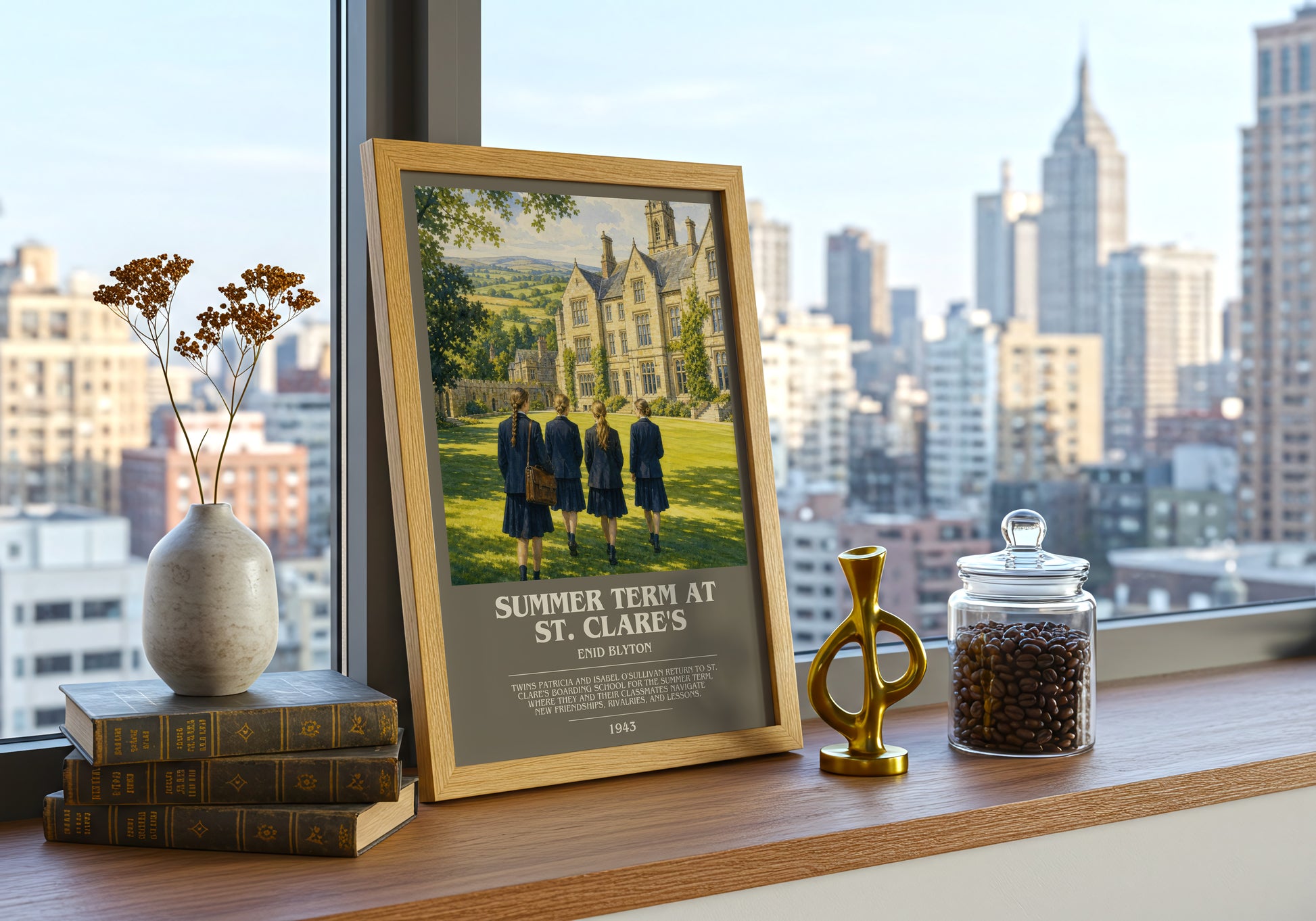 Summer Term At St. Clare'S bookish print framed by window – literary home decor