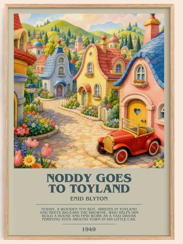 Noddy Goes To Toyland bookish book poster by Enid Blyton – framed literary art print