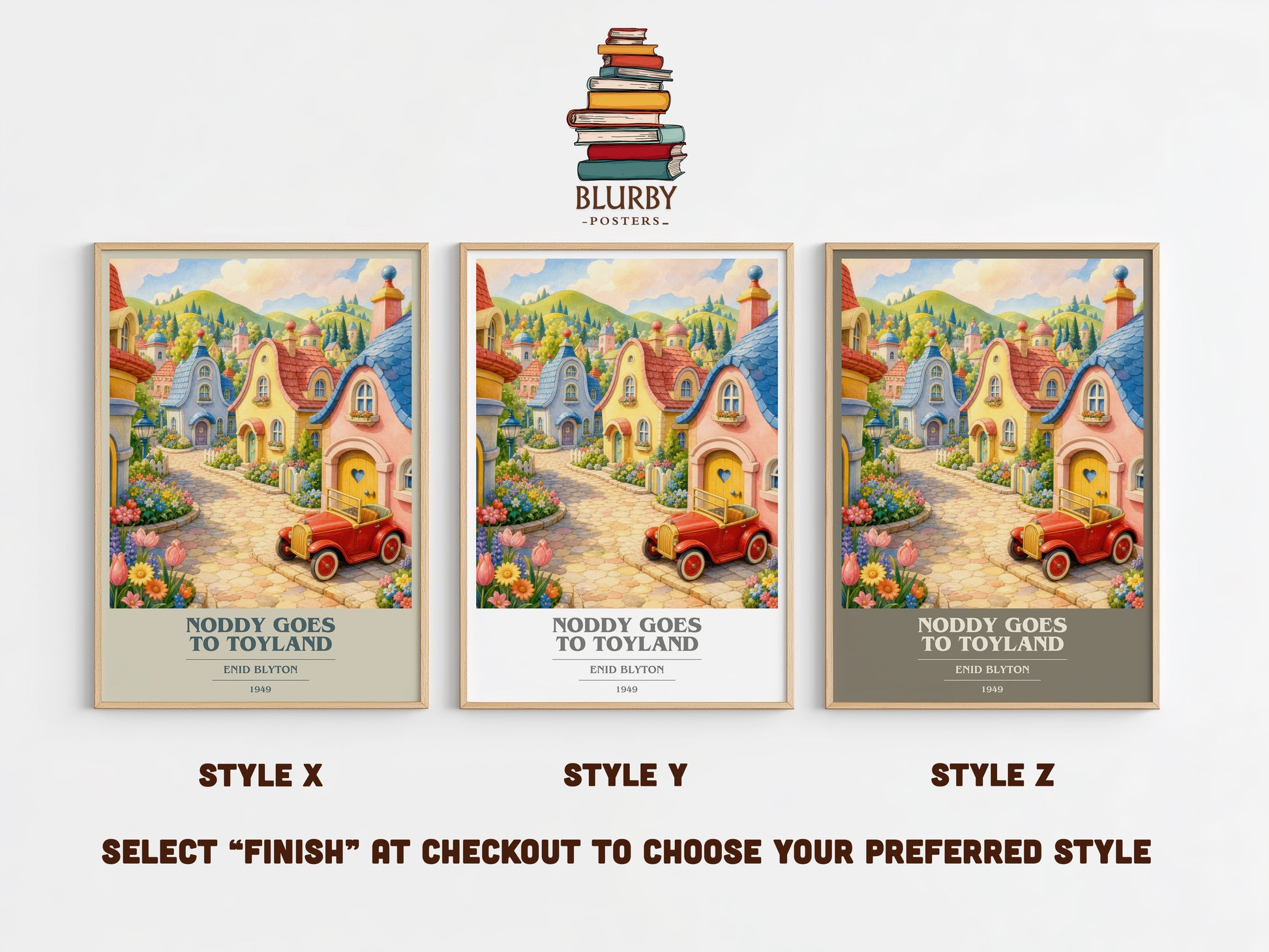 Noddy Goes To Toyland book cover print in frame leaning in hallway – childrens wall art