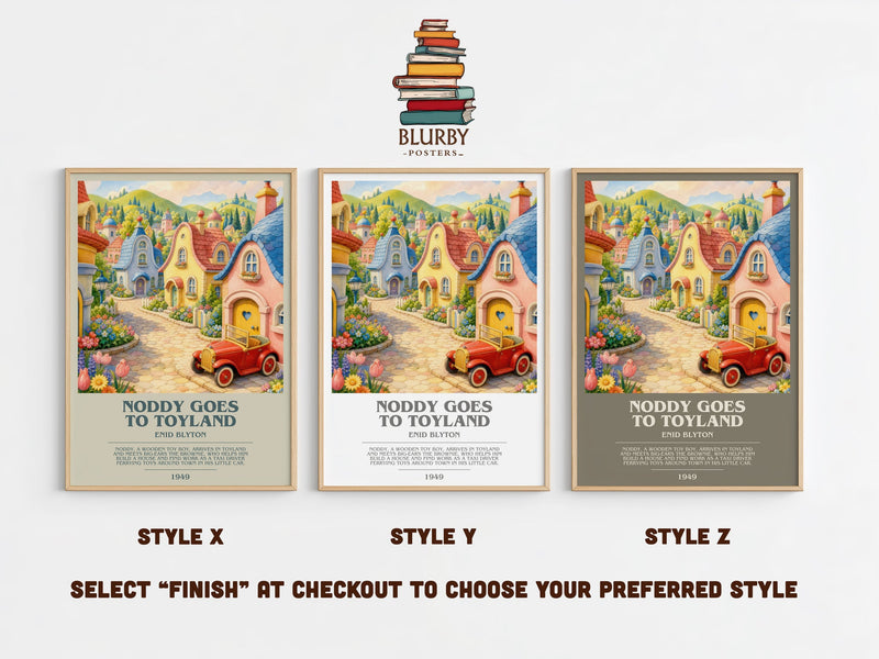 Noddy Goes To Toyland bookish print in frame leaning in hallway – childrens wall art