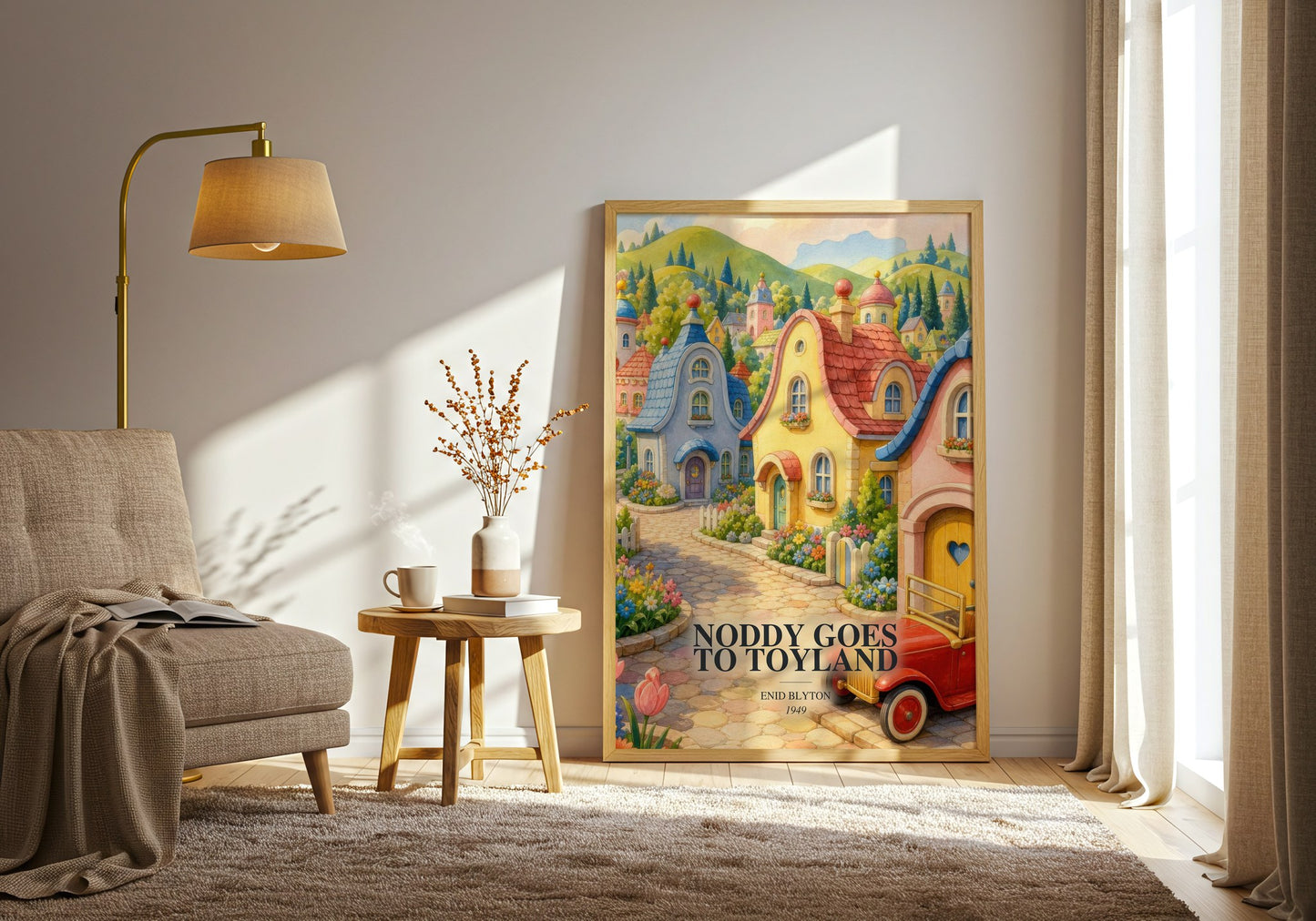Noddy Goes To Toyland watercolour print in frame leaning in hallway – childrens wall art