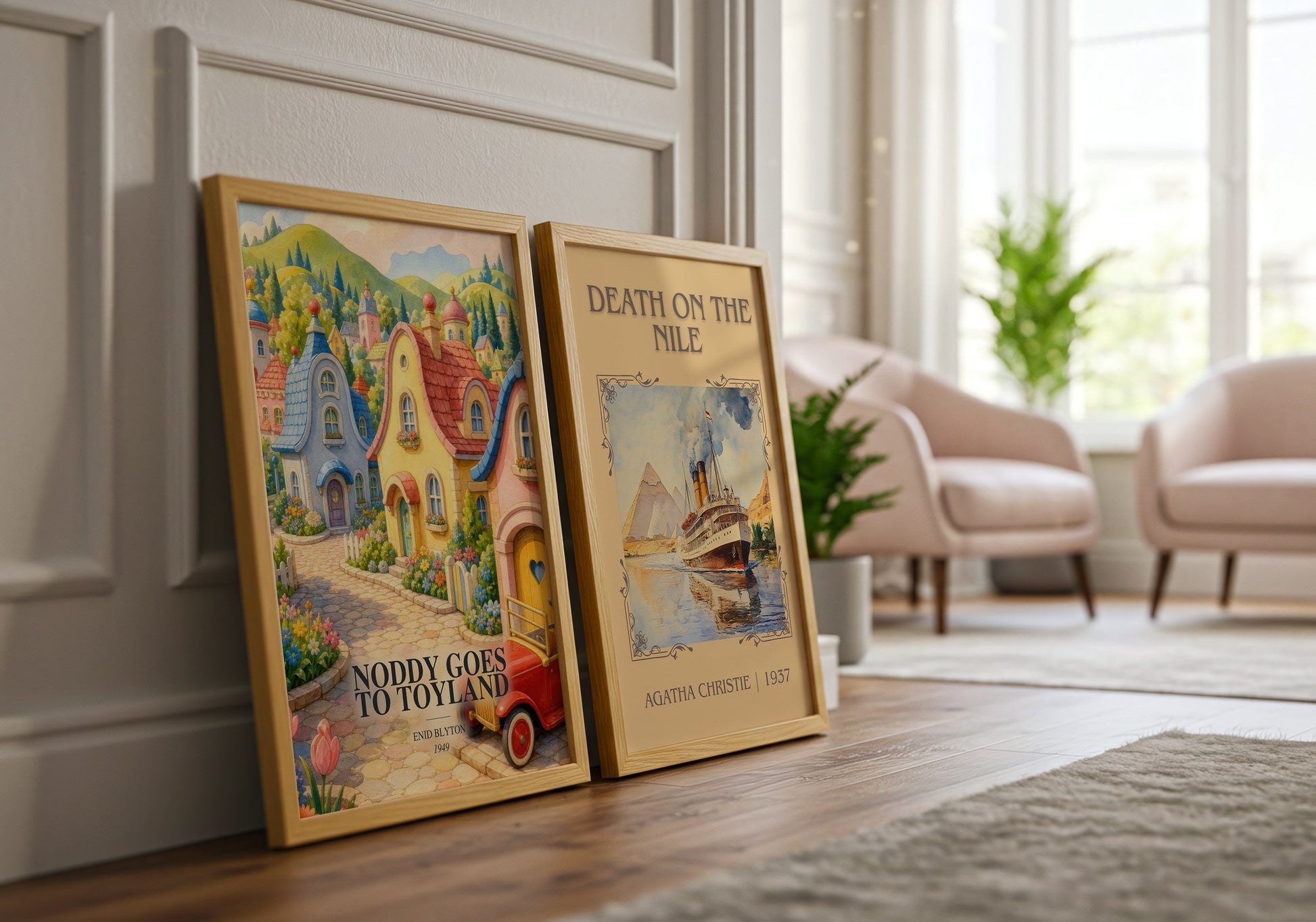 Noddy Goes To Toyland watercolour print framed by window – literary home decor