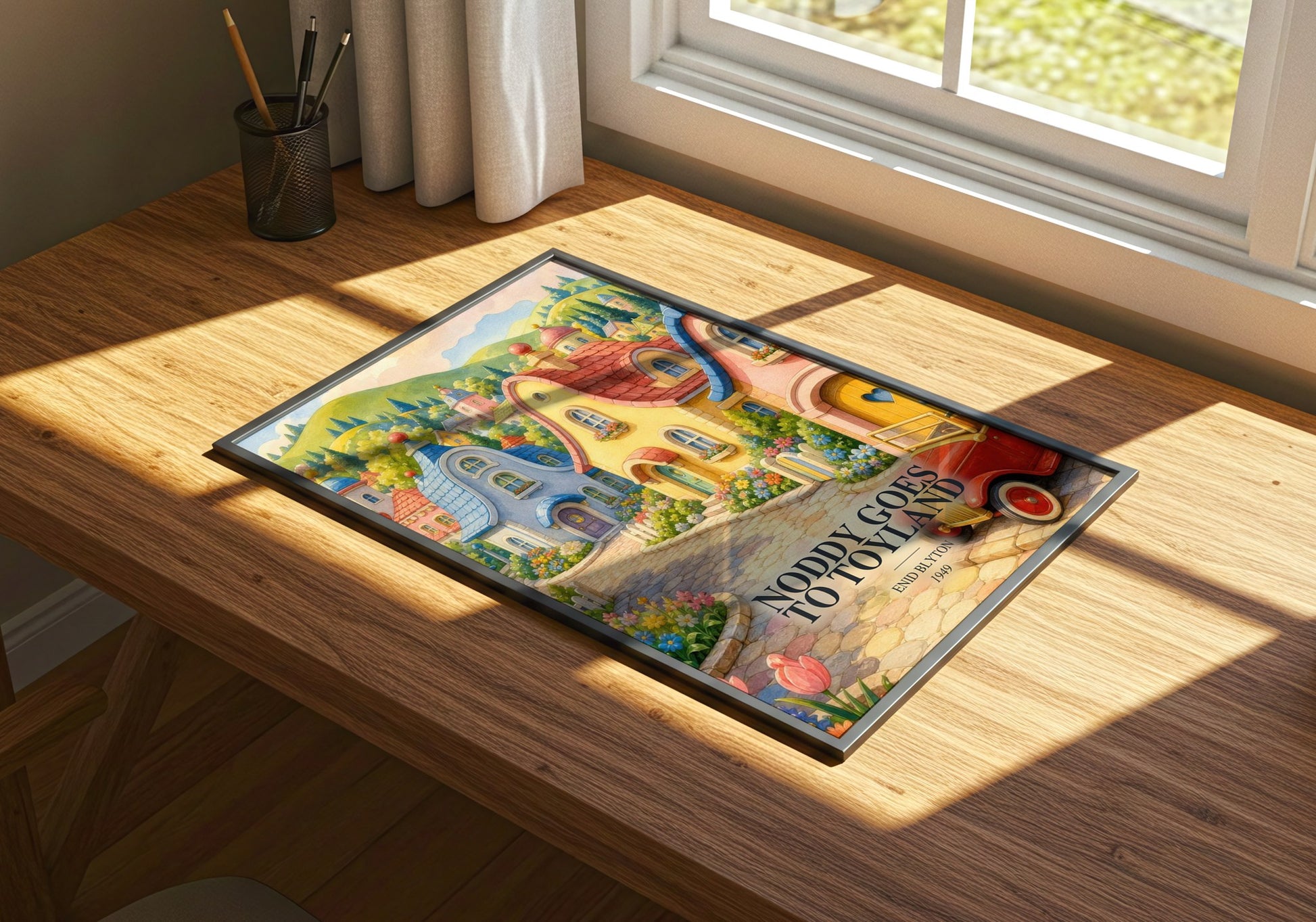 Noddy Goes To Toyland watercolour book poster framed on wall – childrens wall art