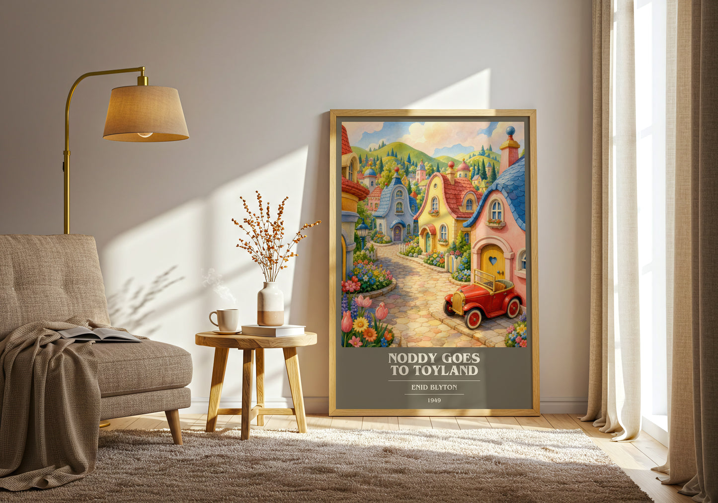Noddy Goes To Toyland book cover print on bookshelf – Enid Blyton fan gift