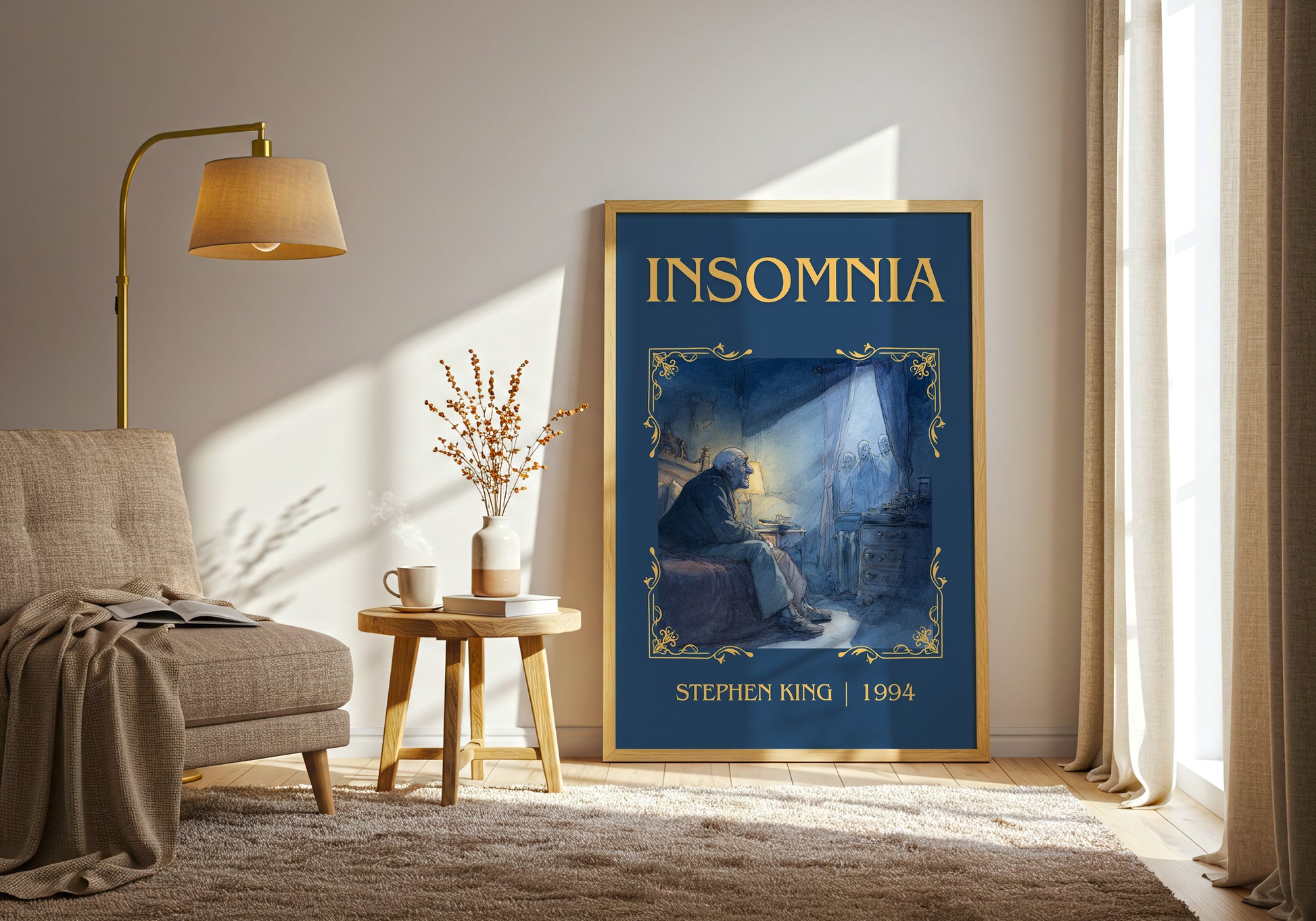 Insomnia classic book art print in frame leaning in hallway – horror wall art