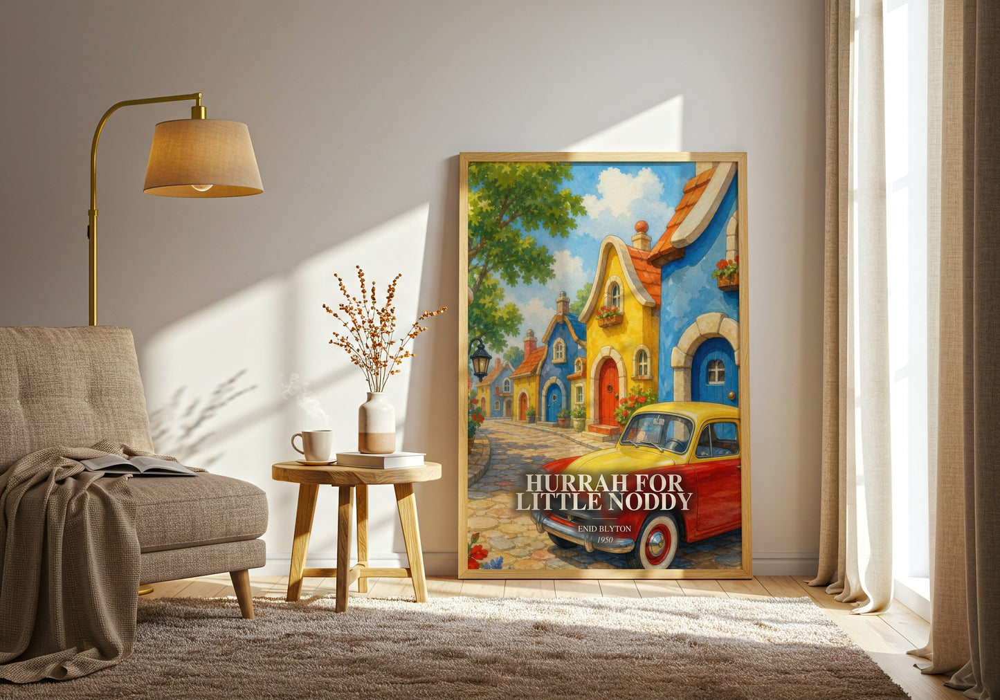 Hurrah For Little Noddy watercolour print in frame leaning in hallway – childrens wall art