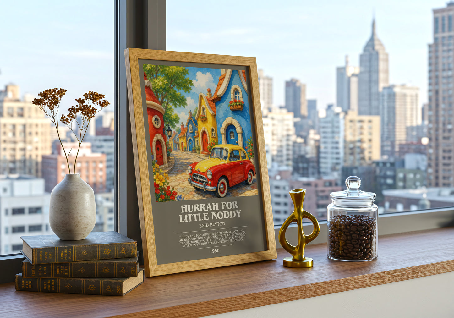 Hurrah For Little Noddy bookish print framed by window – literary home decor