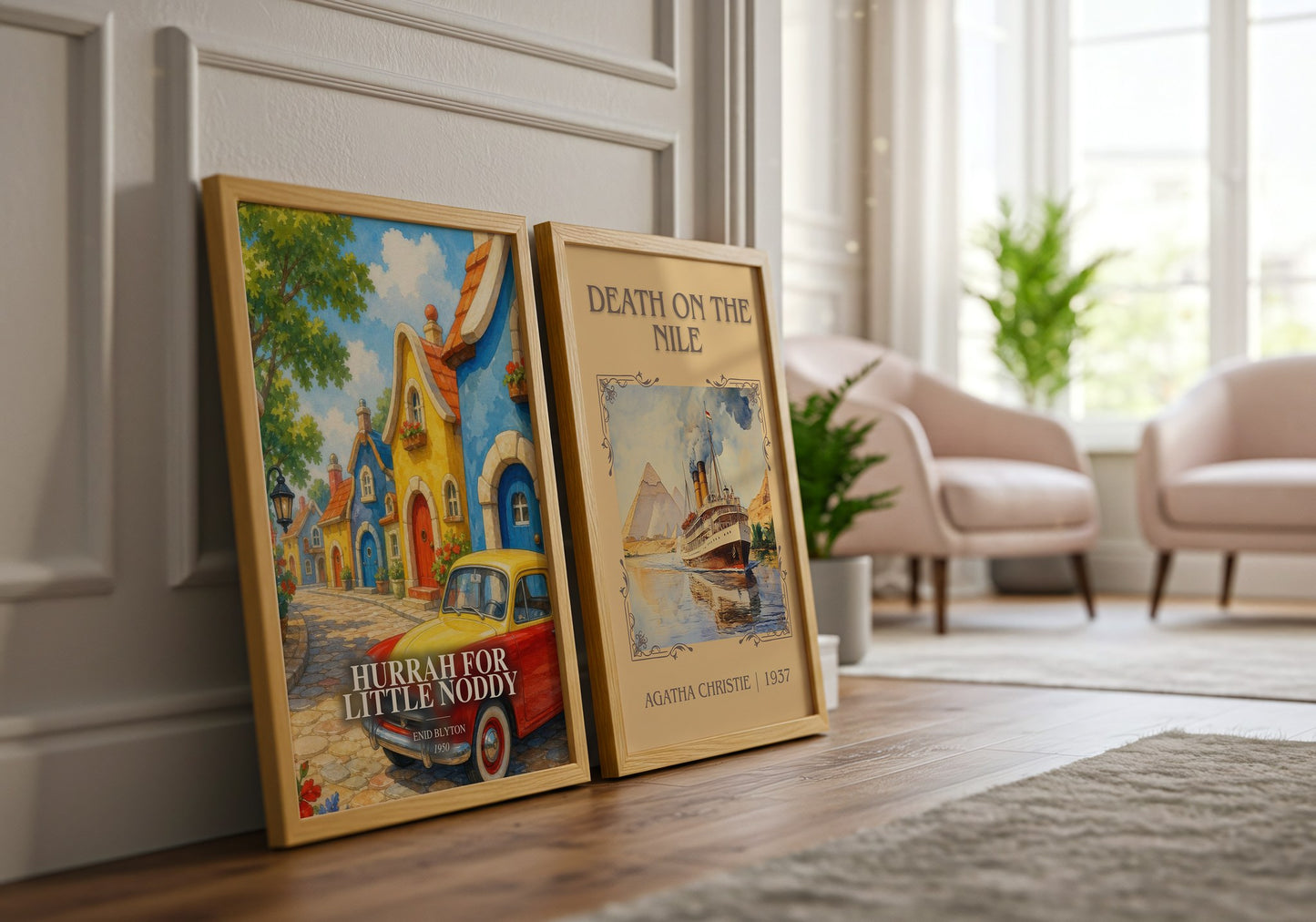 Hurrah For Little Noddy watercolour print framed by window – literary home decor