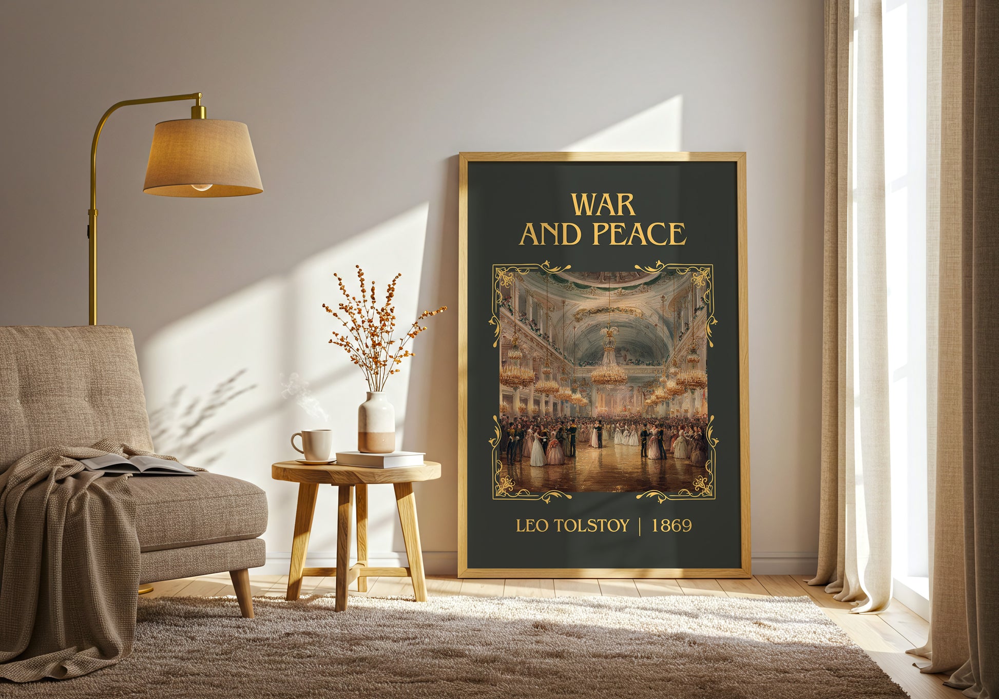 War and Peace classic book art print in frame leaning in hallway – historical fiction wall art