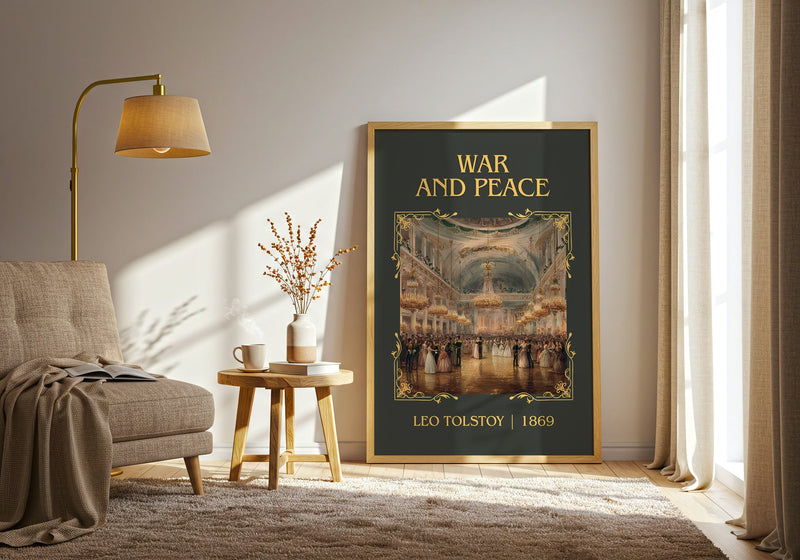 War and Peace classic book art print in frame leaning in hallway – historical fiction wall art