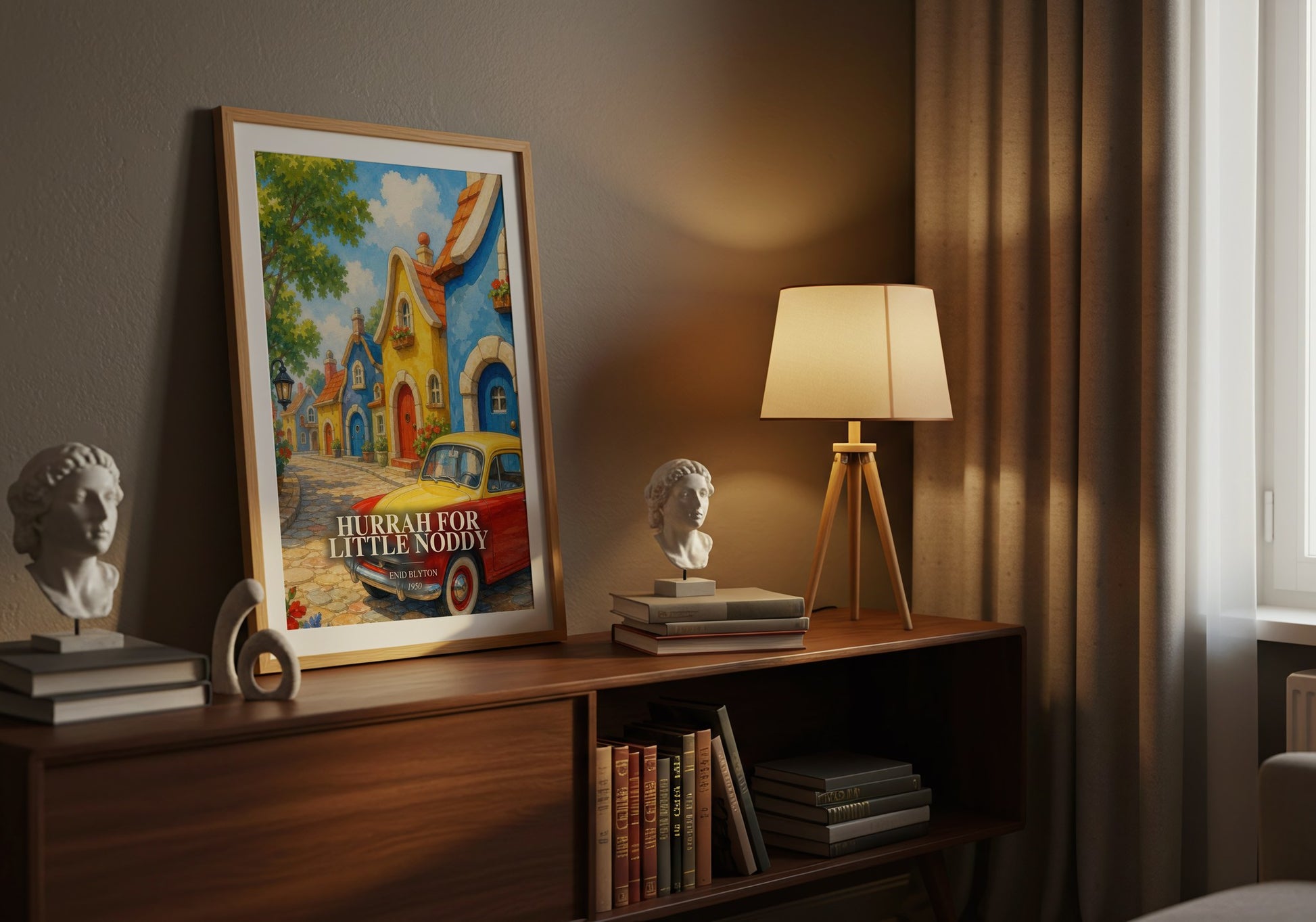Hurrah For Little Noddy watercolour print on bookshelf – Enid Blyton fan gift