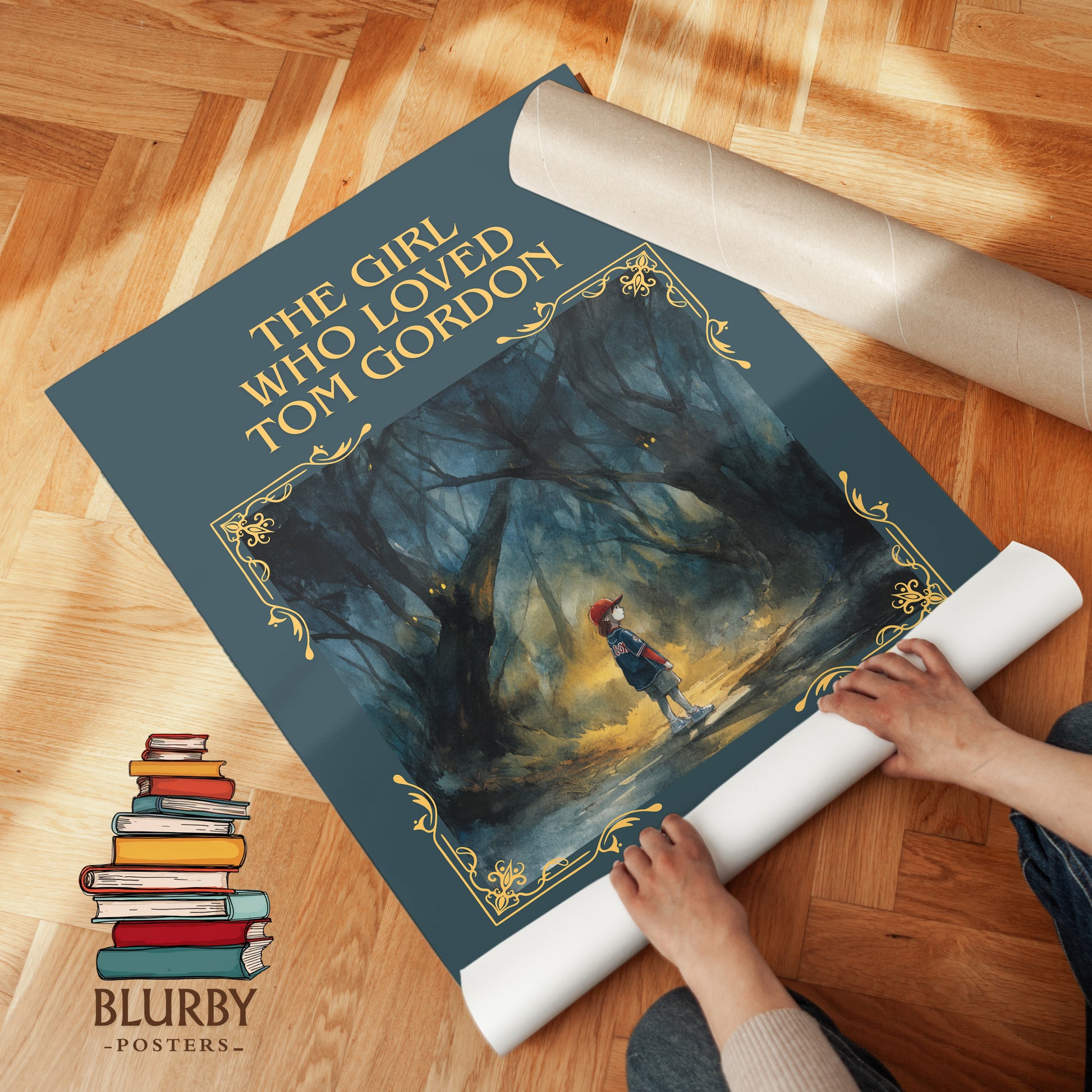 The Girl Who Loved Tom Gordon classic book art print on bookshelf – Stephen King fan gift