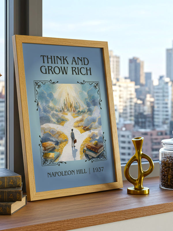 Think and Grow Rich classic book art print in frame leaning in hallway – non fiction wall art
