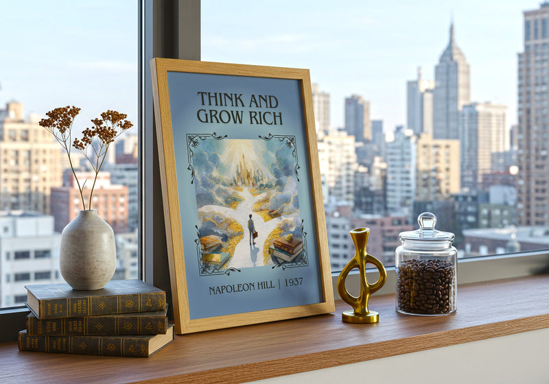 Think and Grow Rich classic book art print in frame leaning in hallway – non fiction wall art