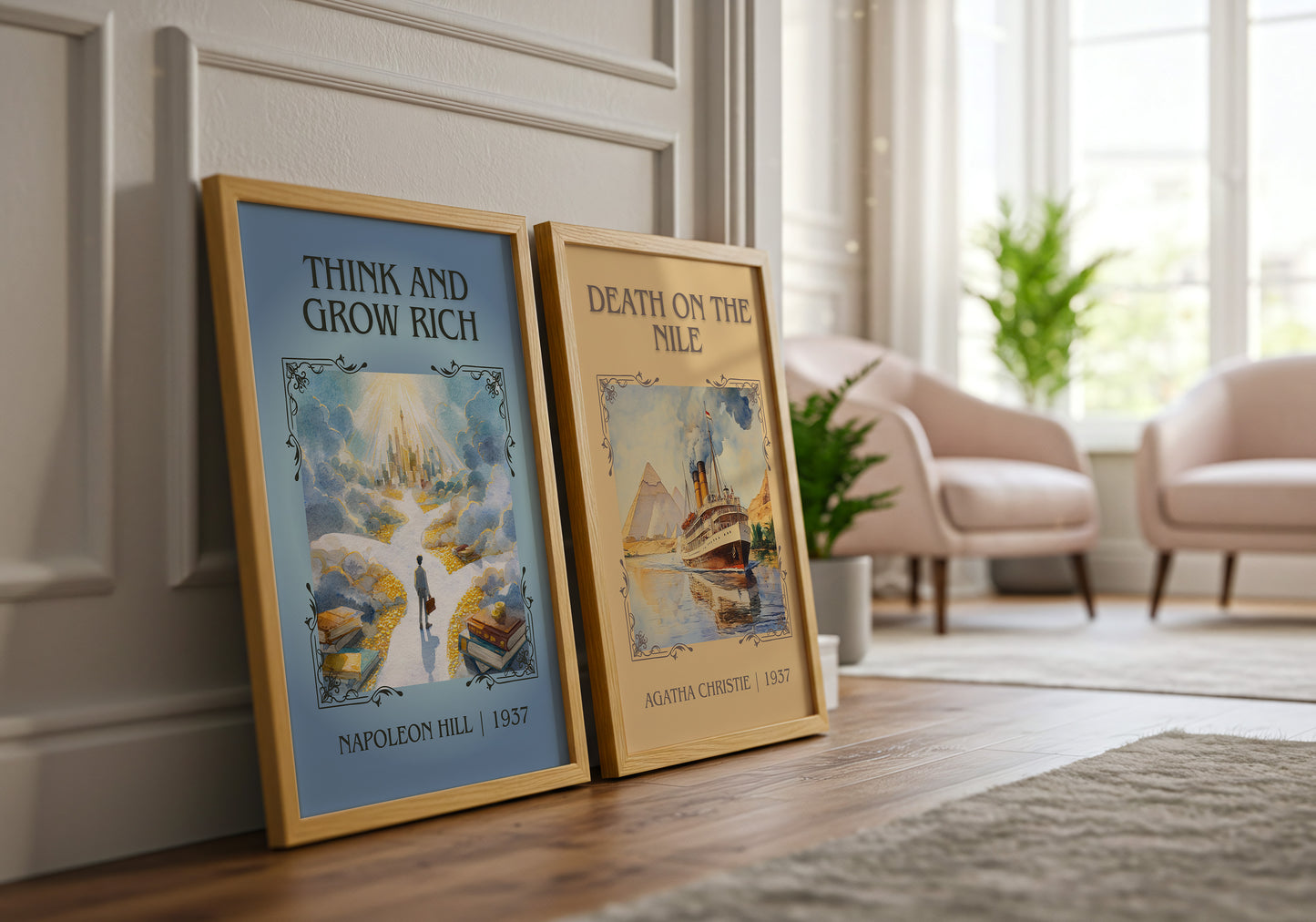 Think and Grow Rich classic book art print framed by window – literary home decor