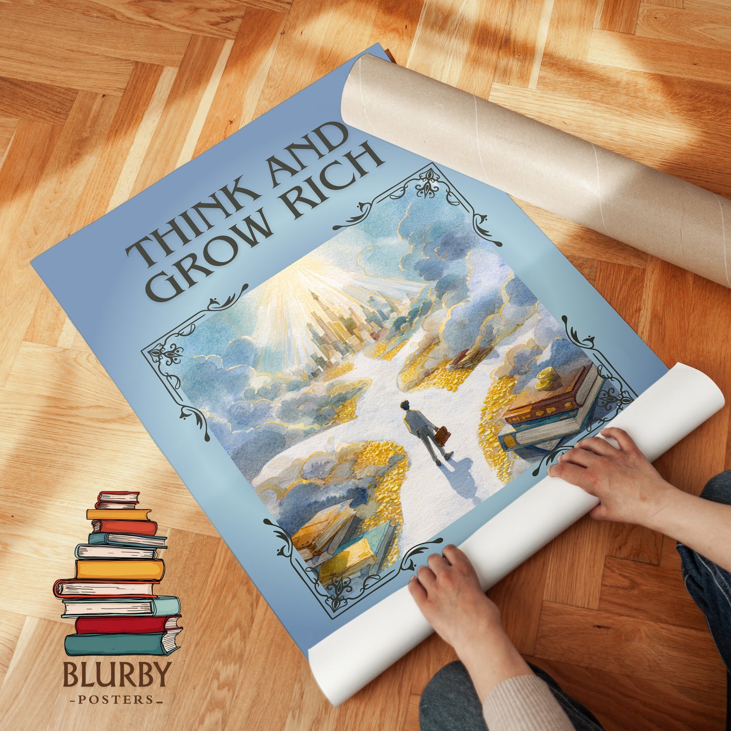 Think and Grow Rich classic book art print on bookshelf – Napoleon Hill fan gift