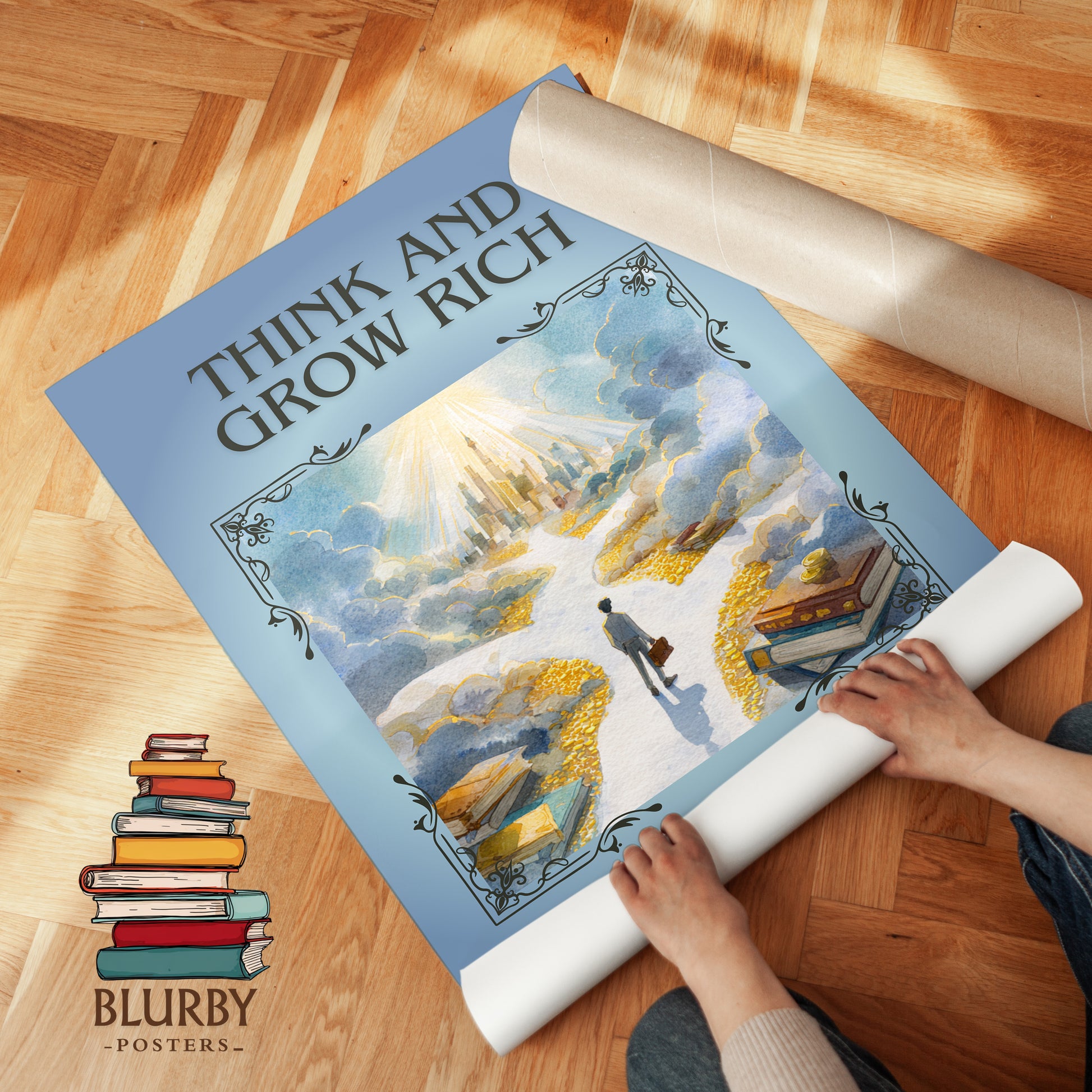 Think and Grow Rich classic book art print on bookshelf – Napoleon Hill fan gift