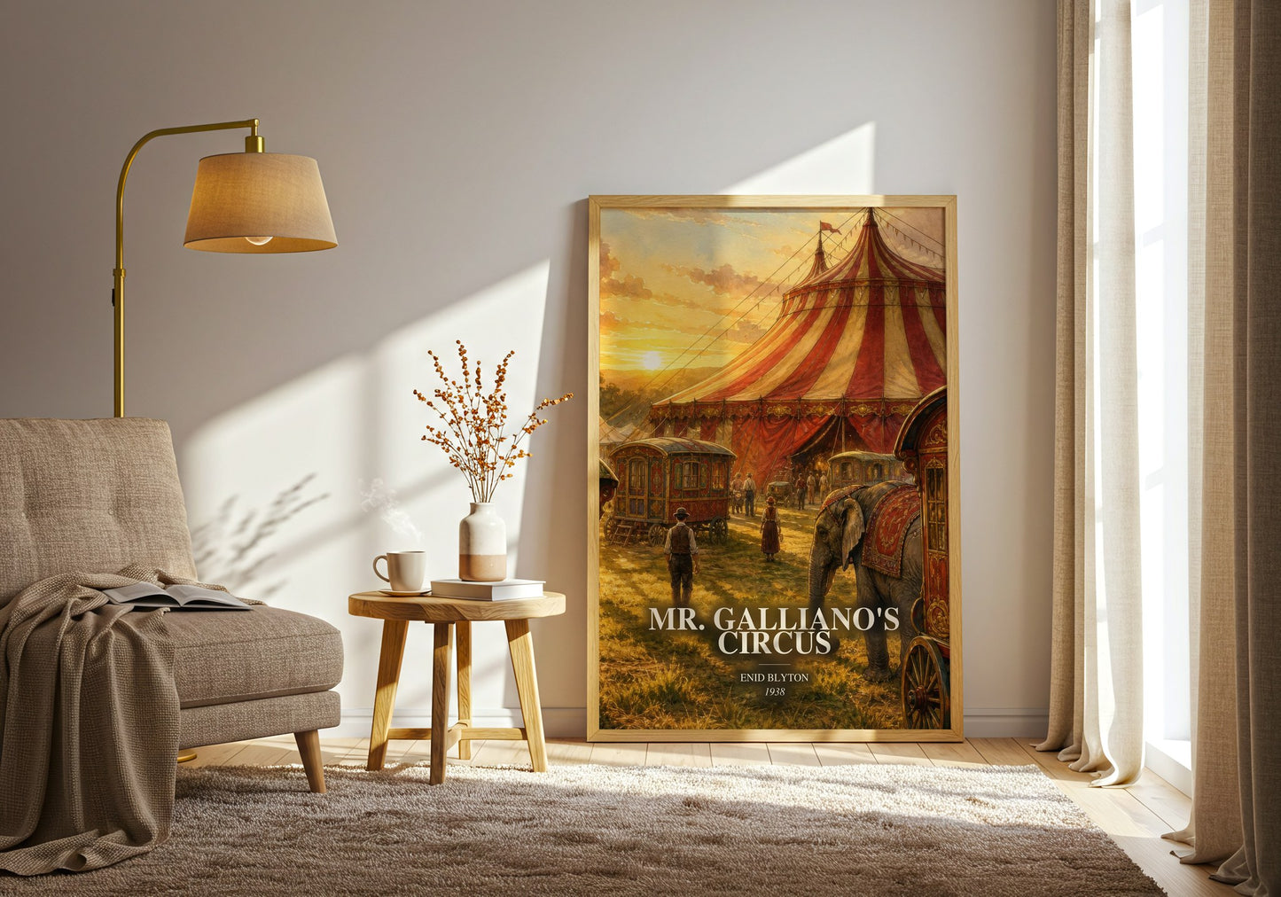 Mr. Galliano'S Circus watercolour print in frame leaning in hallway – childrens wall art