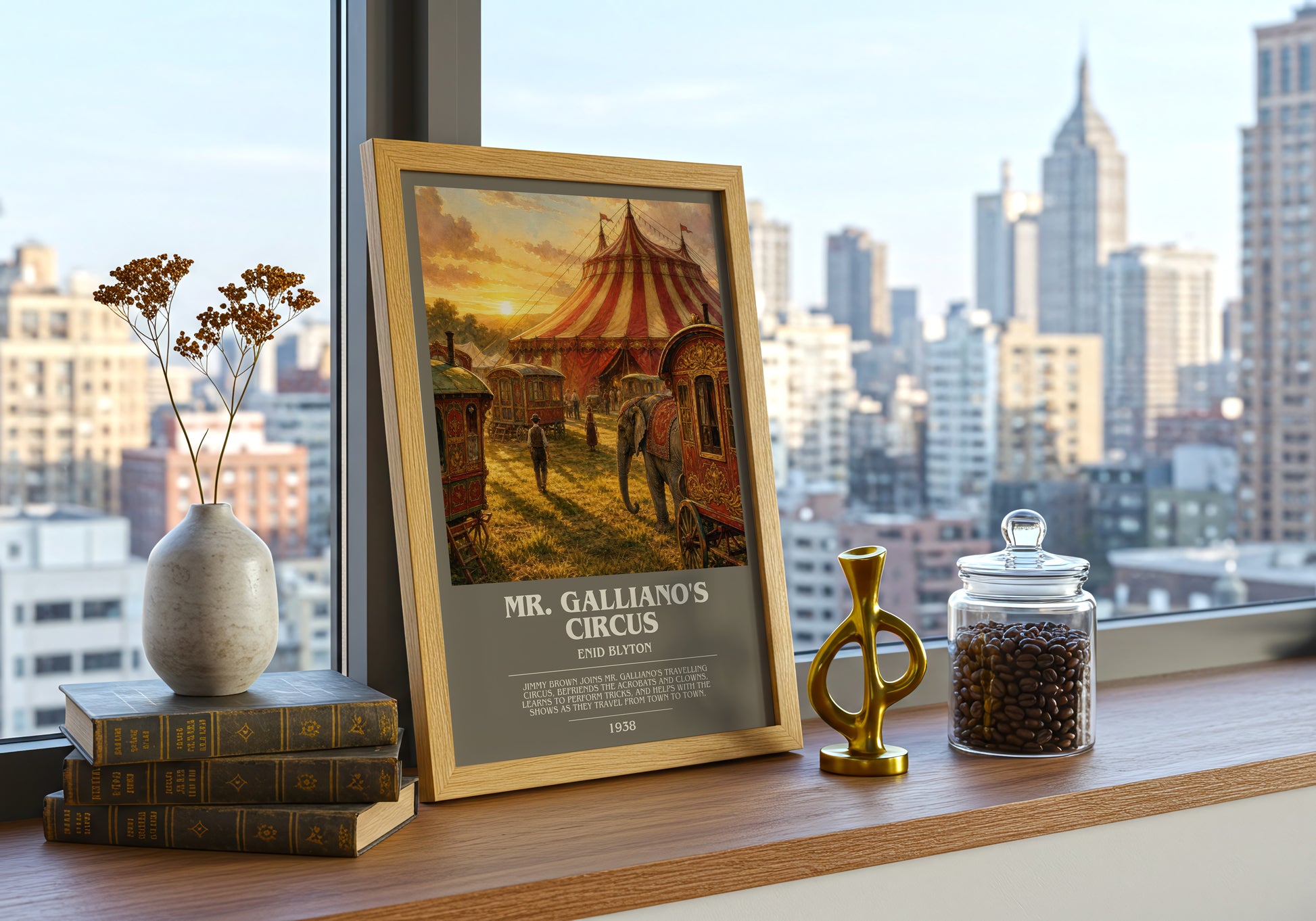 Mr. Galliano'S Circus bookish print framed by window – literary home decor