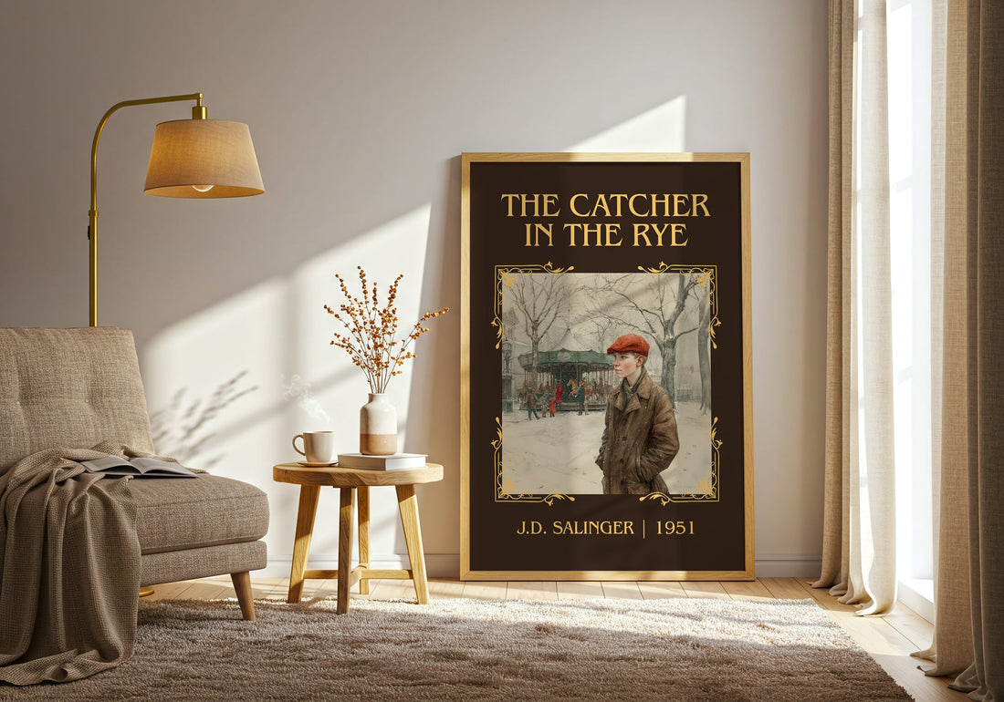 The Catcher in the Rye classic book art print in frame leaning in hallway – coming of age wall art (mockup)