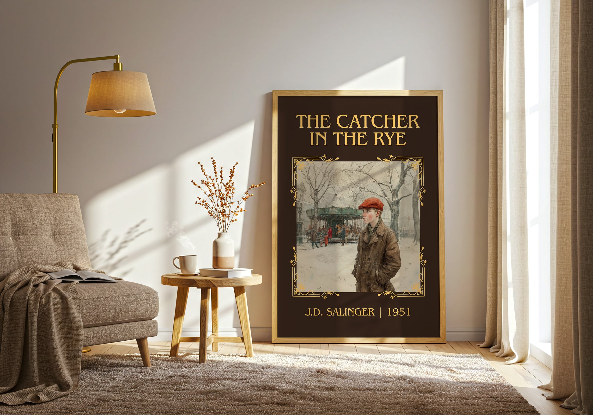 The Catcher in the Rye classic book art print in frame leaning in hallway – coming of age wall art