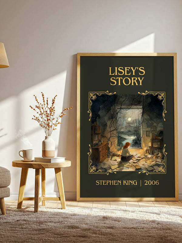 Lisey's Story classic book art print in frame leaning in hallway – horror wall art