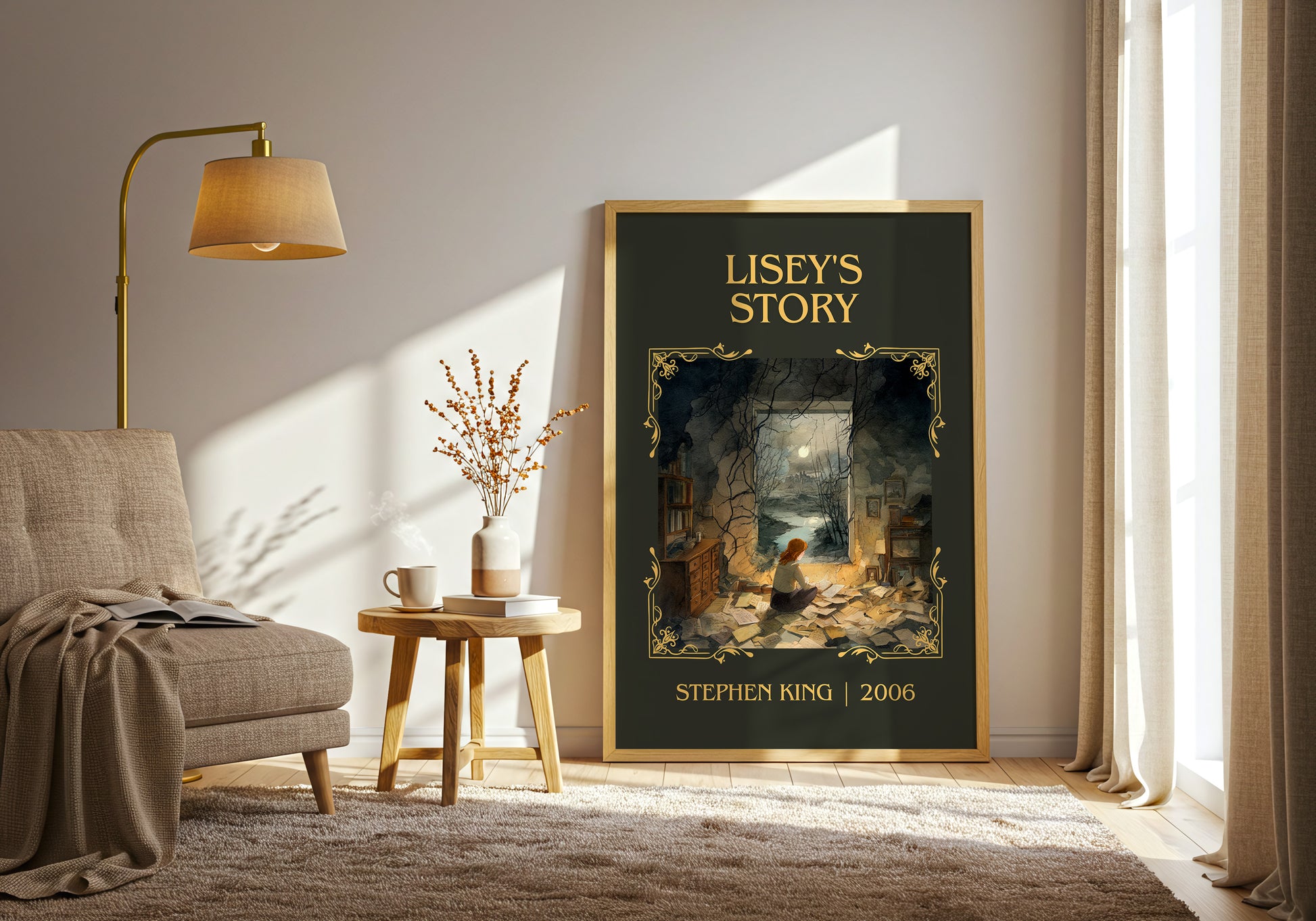 Lisey's Story classic book art print in frame leaning in hallway – horror wall art