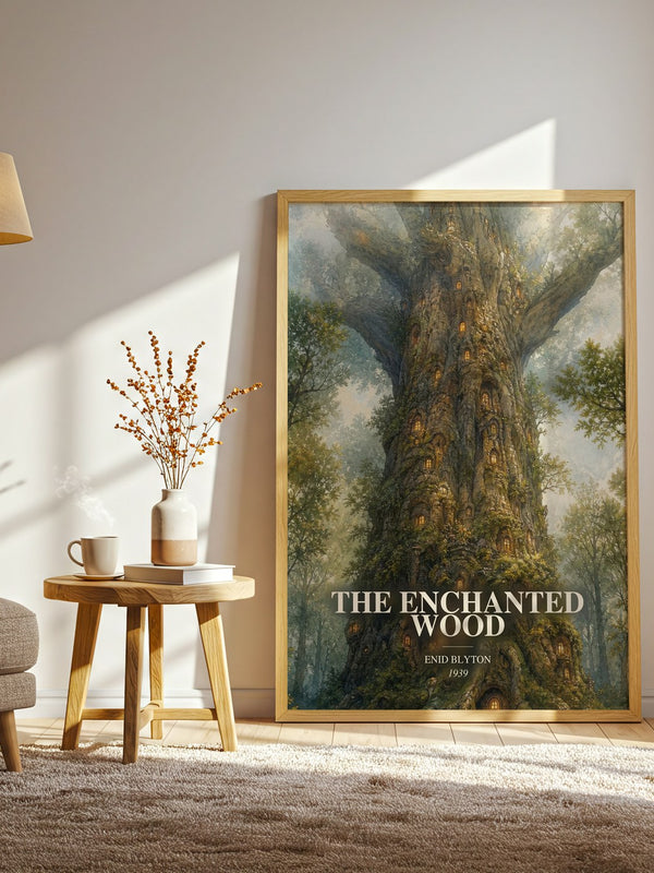 The Enchanted Wood watercolour print in frame leaning in hallway – childrens wall art