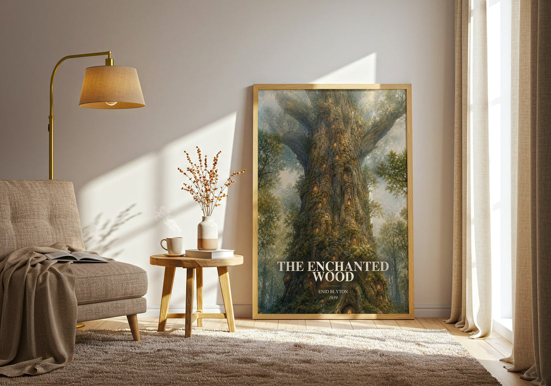 The Enchanted Wood watercolour print in frame leaning in hallway – childrens wall art (mockup)