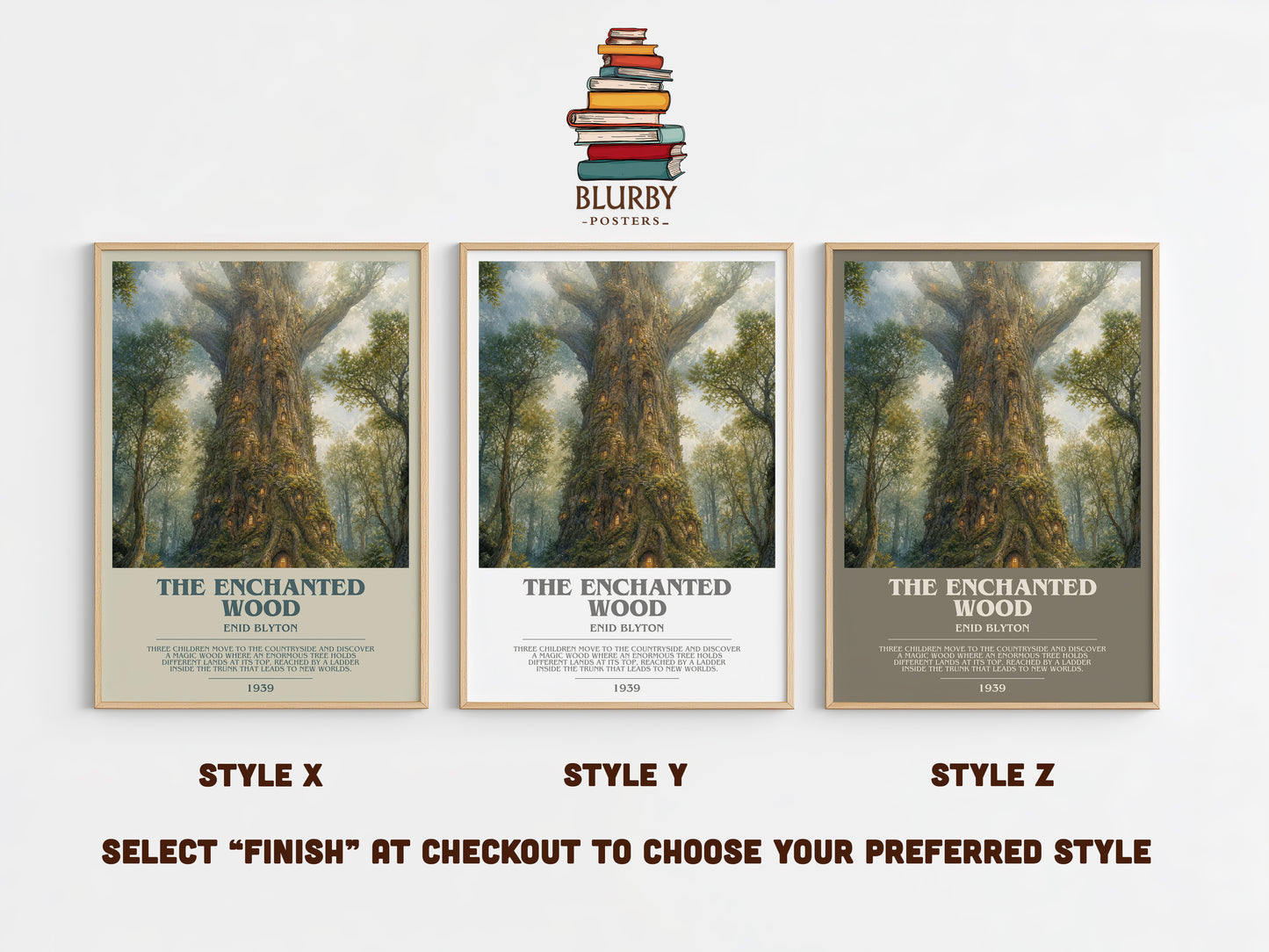 The Enchanted Wood bookish print in frame leaning in hallway – childrens wall art