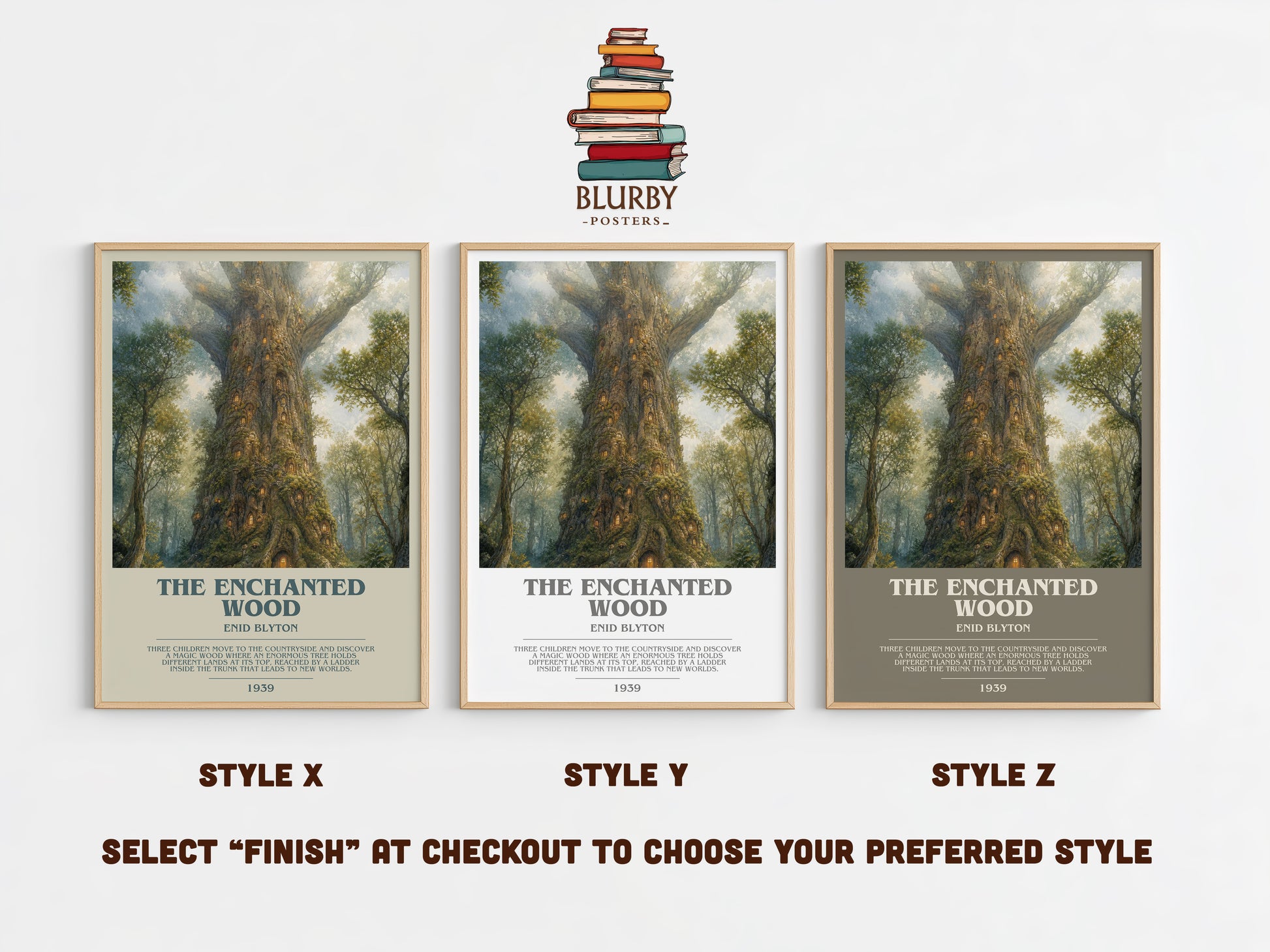 The Enchanted Wood bookish print in frame leaning in hallway – childrens wall art