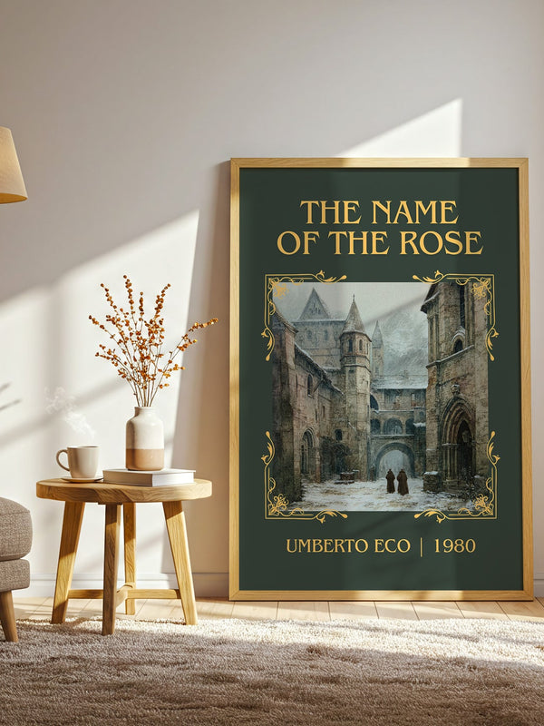 The Name of the Rose classic book art print in frame leaning in hallway – historical fiction wall art