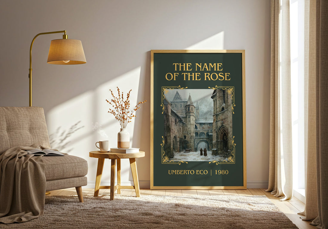The Name of the Rose classic book art print in frame leaning in hallway – historical fiction wall art (mockup)