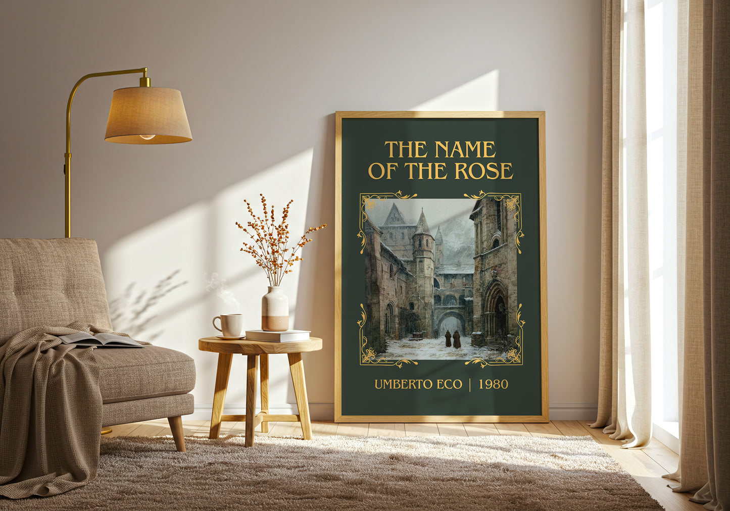 The Name of the Rose classic book art print in frame leaning in hallway – historical fiction wall art