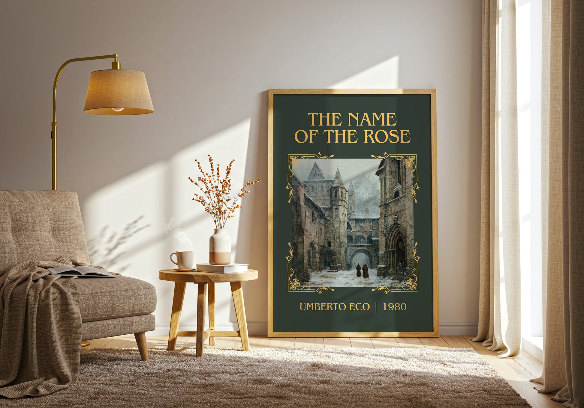 The Name of the Rose classic book art print in frame leaning in hallway – historical fiction wall art