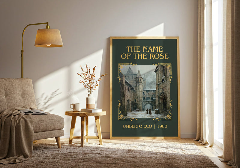 The Name of the Rose classic book art print in frame leaning in hallway – historical fiction wall art