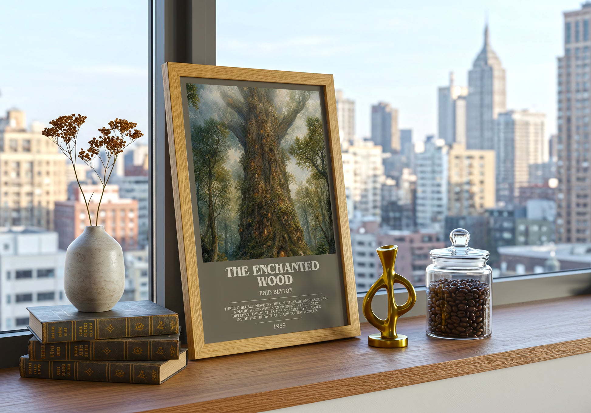The Enchanted Wood bookish print framed by window – literary home decor