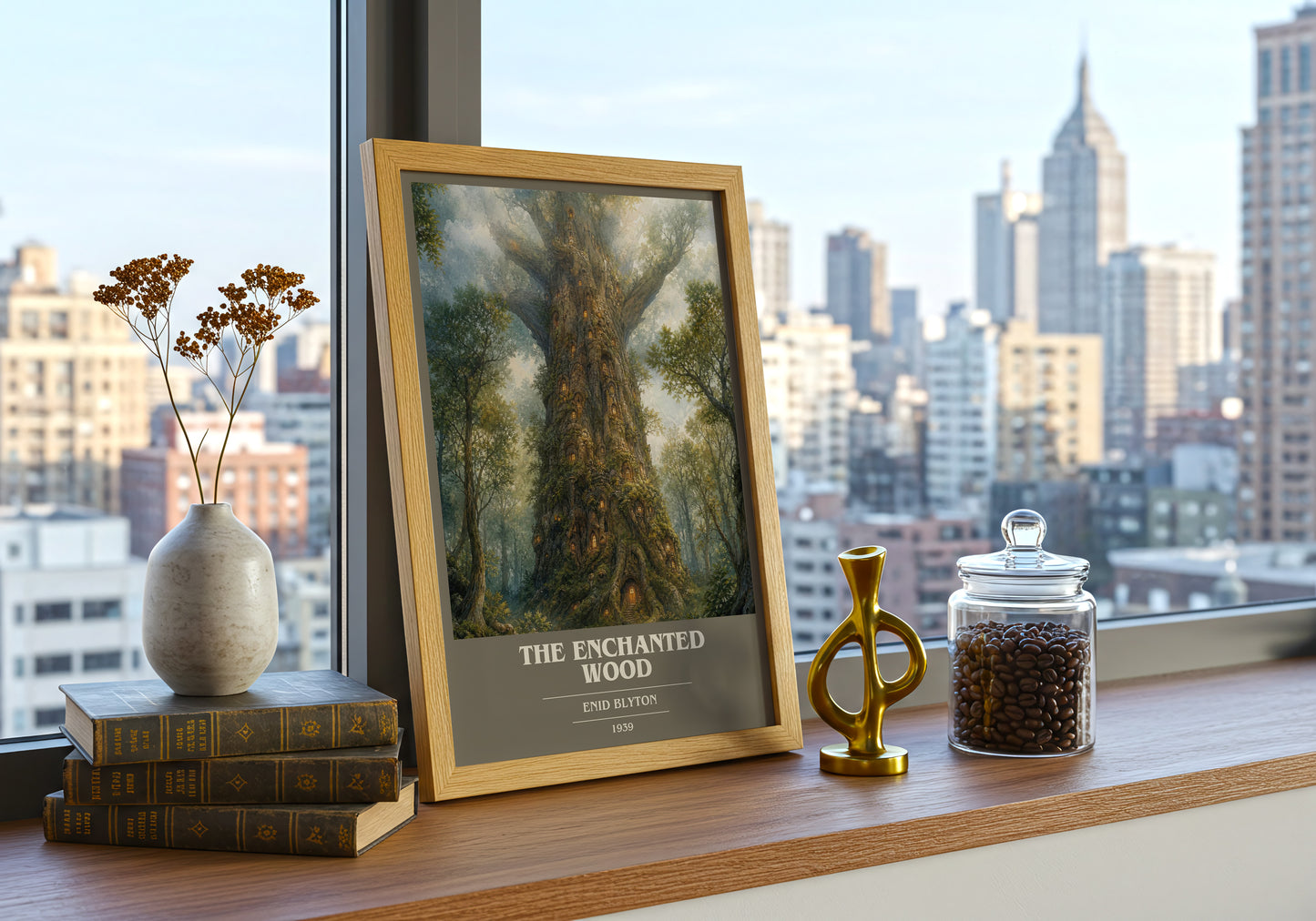 The Enchanted Wood book cover print framed by window – literary home decor