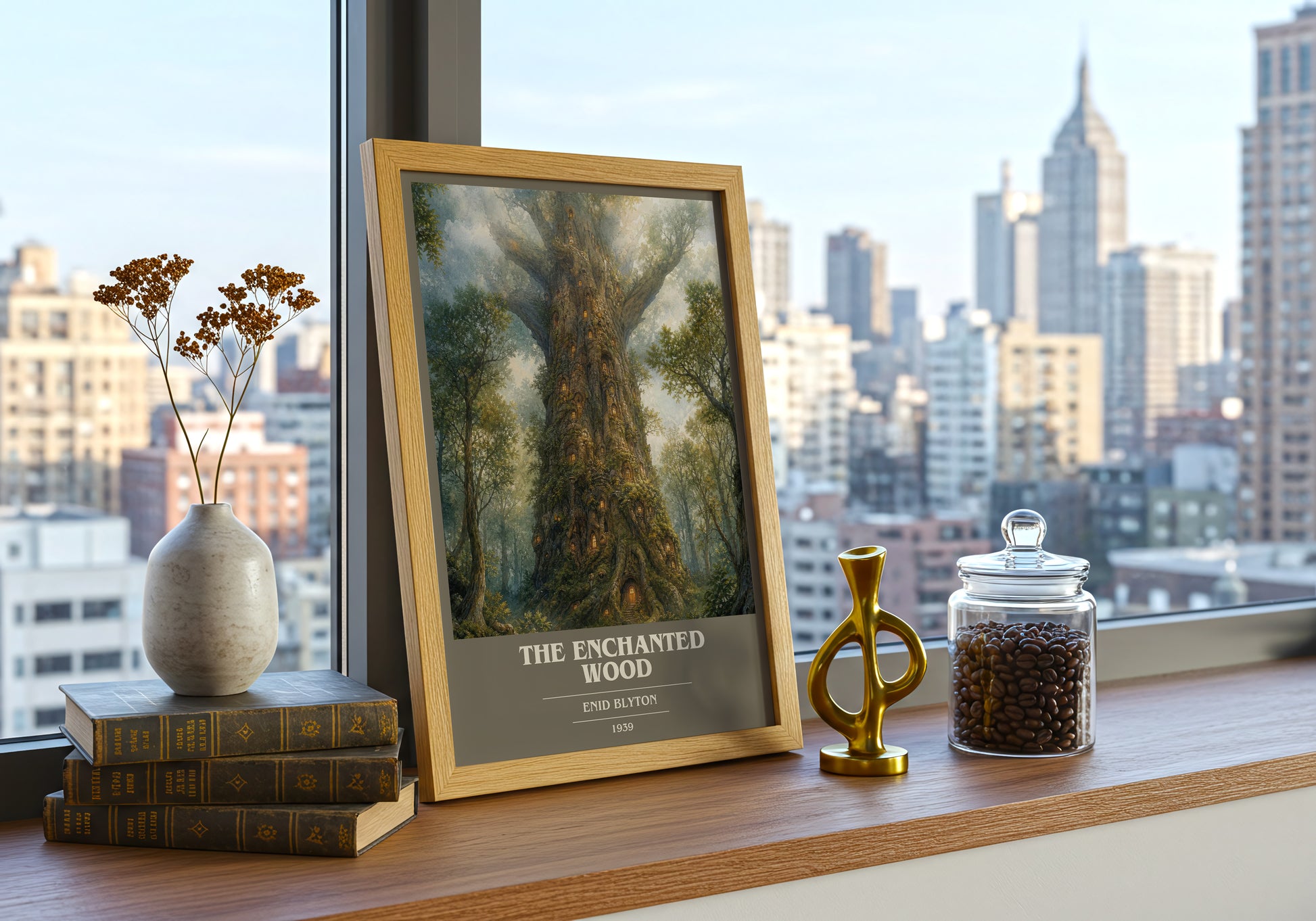 The Enchanted Wood book cover print framed by window – literary home decor