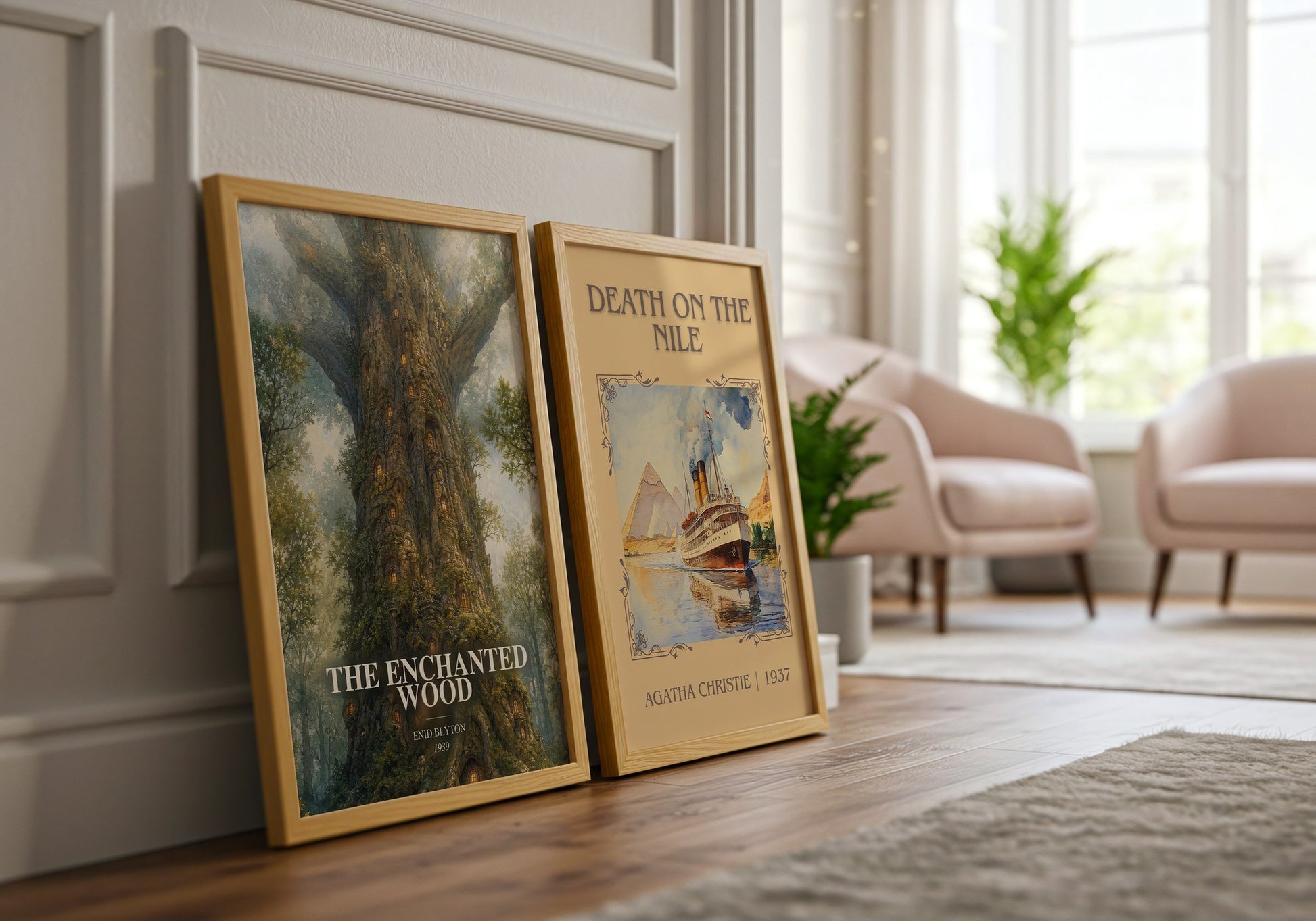 The Enchanted Wood watercolour print framed by window – literary home decor
