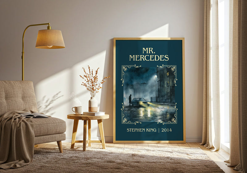 Mr. Mercedes classic book art print in frame leaning in hallway – crime wall art