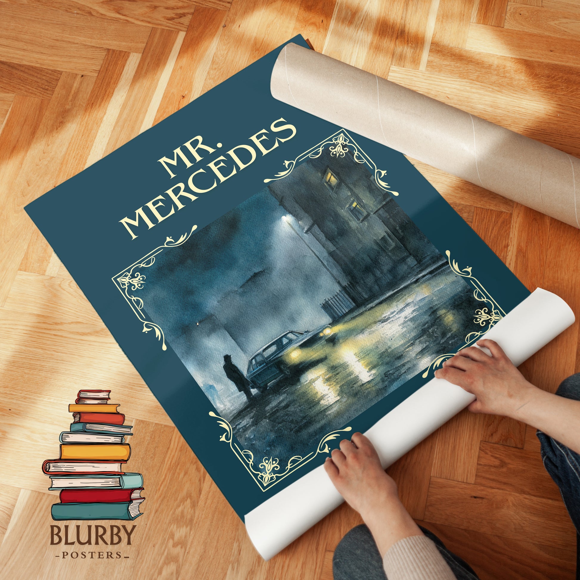 Mr. Mercedes classic book art print on bookshelf – Stephen King fan gift